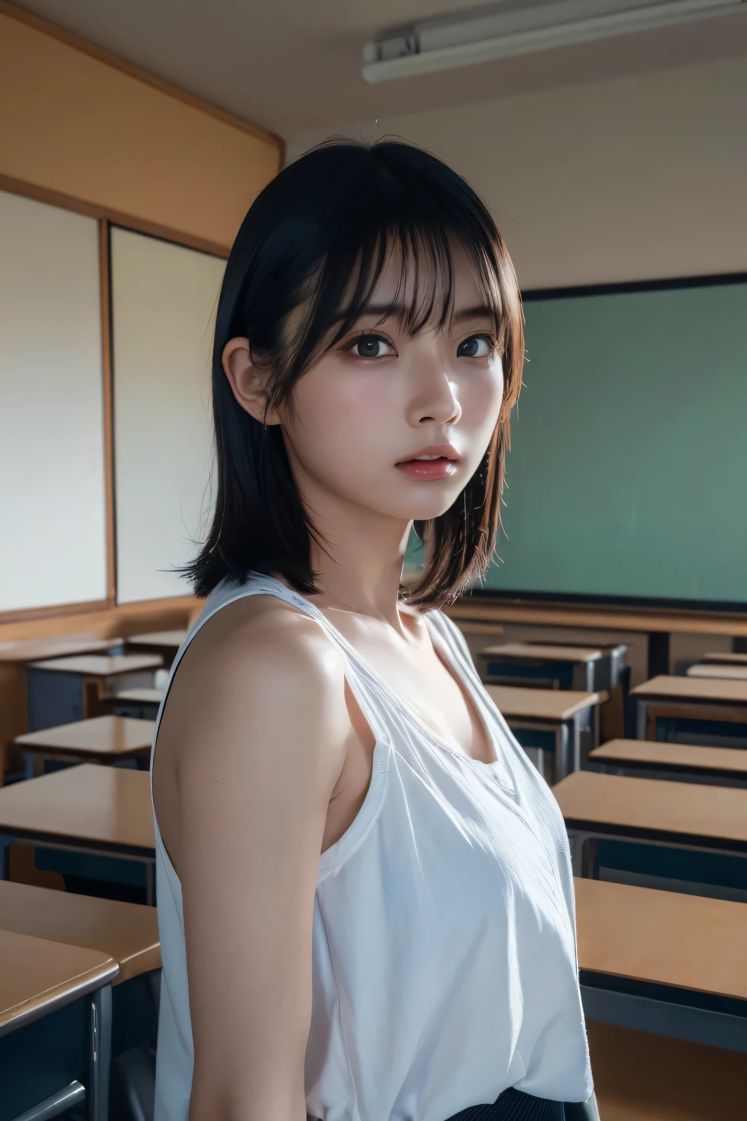 (best quality:1.4),(masterpiece:1.4),(photorealistic:1.4),(Realistic:1.2),(ultra high res, raw photo:1.4),(hdr, hyperdetailed:1.2),(8K:1.2),cinematic photo,photo of black hair,1girl,solo,wearing ,((Japanese classroom))、((Upper Body:1.3))