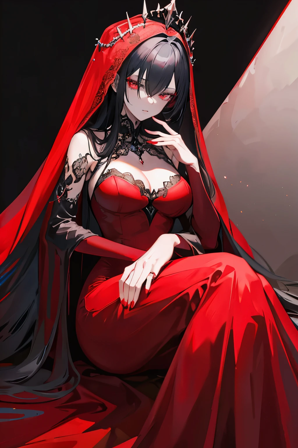 A striking image (masterpiece, top quality) features an enigmatic woman (1woman), dressed elegantly in a floor-length gown, with a crimson veil delicately covering her eyes (red veil). Her fingers gracefully rest on her lips (fingers on lips), symbolizing an air of quietude. The long, elegant nails on her hand are meticulously painted in a bold, vibrant shade of red (long, bright red nails), adding to the enigmatic appeal. The setting is stark and dramatic, with the background cast in solid black (solid black background), creating a contrast that heightens the woman's allure. The image, in its entirety, exudes an