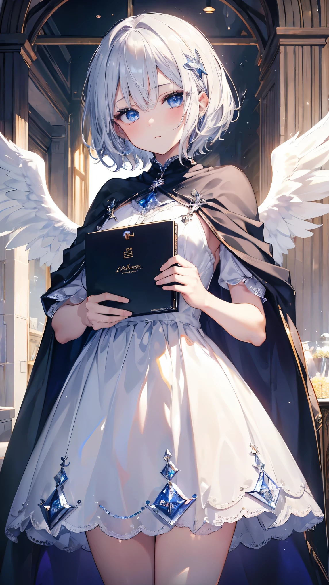 Short Hair、Silver Hair、Detailed sparkly eyes、Blue Eyes、Three pairs of angel wings,Straight face、Embarrassing、shine、reflected light、Film Grain、masterpiece、Textured Skin、Super Detail、High Detail、high quality、最high quality、High Resolution、16k、shine、Cape、Food,Alchemist,Western-style building,Cauldron