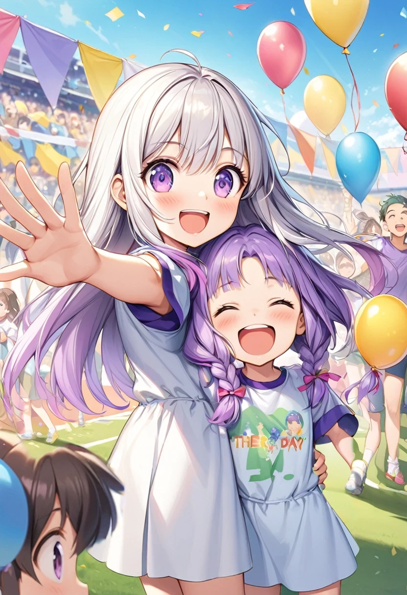(Children's Day illustration), Two kids in casual sportswear cheering with raised hands on football field, yinji, purple hair, purple eyes, long hair, white hair, double braids, gradient hair, Bright and warm, There are ribbons and balloons hanging around., Crowd cheering.