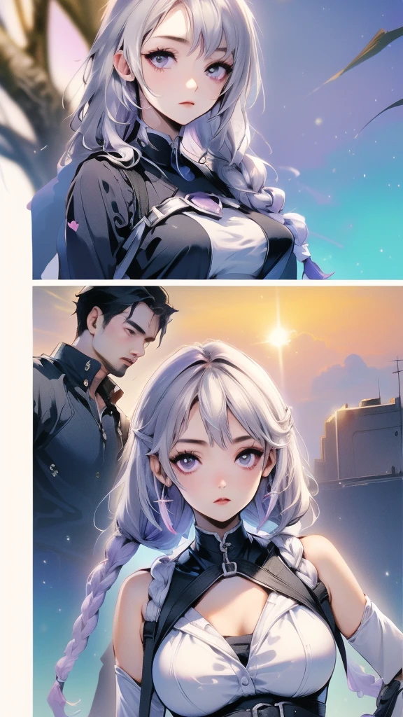 (masterpiece, highest quality), Couple(1 male, 1 woman with purple and white gradient double braids),、 detailed, comics, boy,heart、like、 Meeting between a man and a woman, Manga Page, Doujinshi, Download contents, anime, Branch Panel, (From right to left, Top to bottom),The girl's characteristic is yinji,1girl,solo, purple eyes, long hair, twin braids, purple hair, multicolored hair, elbow gloves, bangs, very long hair,bare shoulders, black skirt, grey hair, dress, smile, side cutout,covered navel, side cutout,cryptic girl