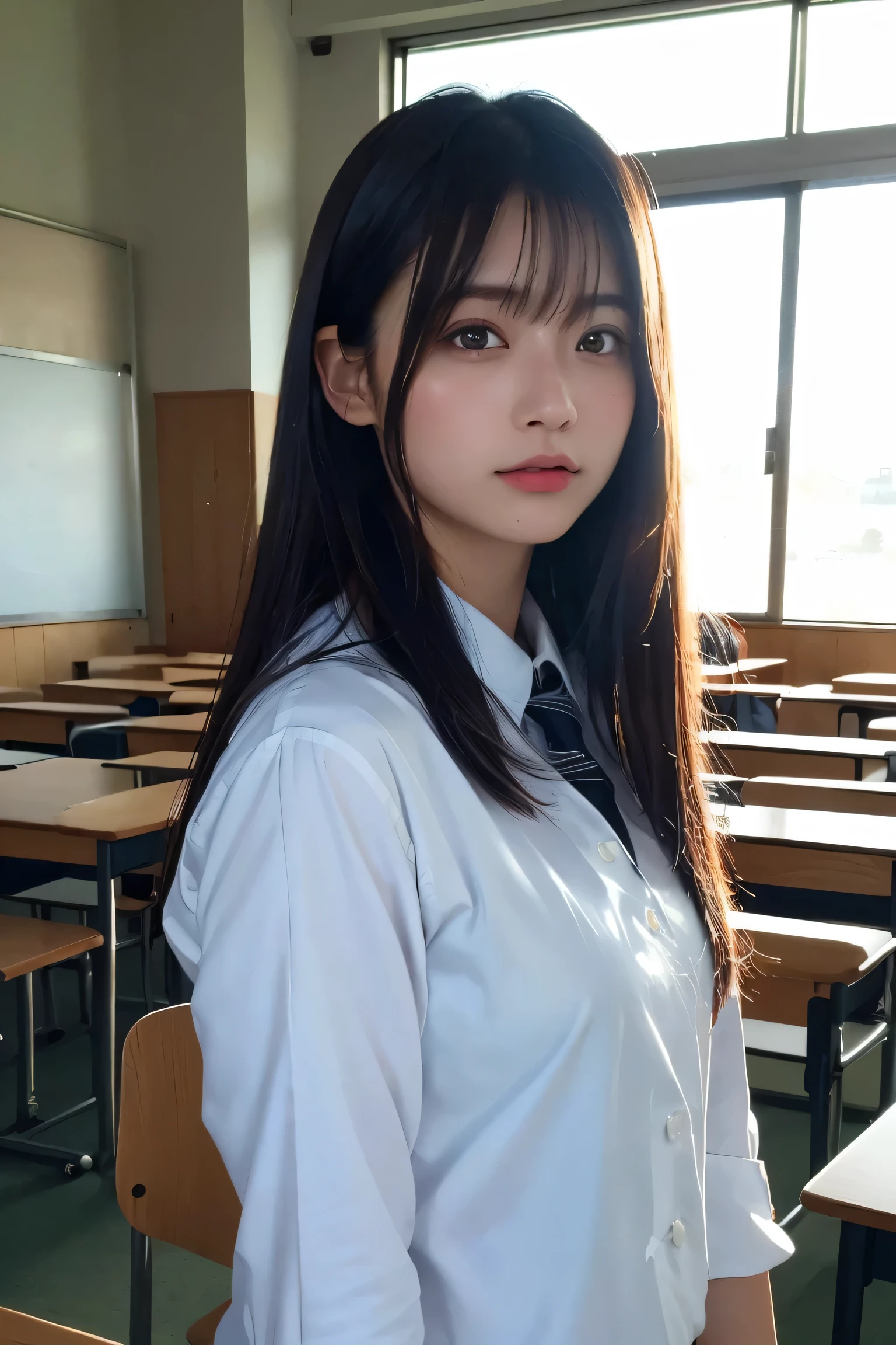 (best quality:1.4),(masterpiece:1.4),(photorealistic:1.4),(Realistic:1.2),(ultra high res, raw photo:1.4),(hdr, hyperdetailed:1.2),(8K:1.2),cinematic photo,photo of black hair,1girl,solo,wearing student uniform,((Japanese classroom))、((Upper Body:1.3))