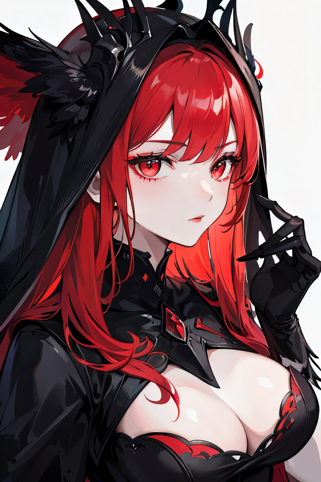 An exquisite subject, donning a crimson veil concealing her gaze, Griffins her digits upon her crimson-painted lips, embodying the essence of silence. The setting anchored in a monochromatic, obscure black backdrop, accentuates the subject's enigmatic charm.
