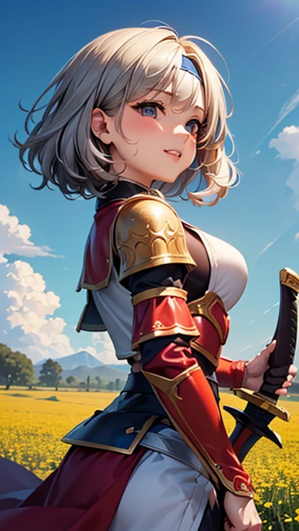 A girl is posing for a photo, cute女の子, Enchanting girl, Anime Girls, 
(((One Girl, cute, 16 years olsoutfit:1.3、Red Armor、Holding a big sword), (White Headband),  
BREAK 

(Beautiful Hair, Shiny Hair), (Gray Hair、Wavy Hair、Shortcuts、slicked back hair:1.4),  
(Expression of fine eyes, Beautiful and delicate eyes, Sparkling eyes, Eye Reflexes), (black eye), 
double eyelid, Long eyelashes, 
(Beautiful Nose,Thin Nose), 
(Glossy lips, Beautiful Lips, Thick lips), 
(Symmetrical facial features, Perfect Face), (((Detailed skin, Oily skin, Textured skin, Beautiful Skin))), 
break  

(smile), 
(noon、(Sunshine、Meadow in a fantasy world、blue sky、cumulonimbus)), ((Dynamic Pose、from side、Cowboy Shot:1.4)), 
break 

(((highest quality)), ((masterpiece)), (Very detailed), (High resolution), (Beautiful sparkle), (High detail), (Anatomically correct)), ((Realistic)), 
(The best CG), Highly detailed art, CG illustration, (16k, 1080p), ((Line art)),

