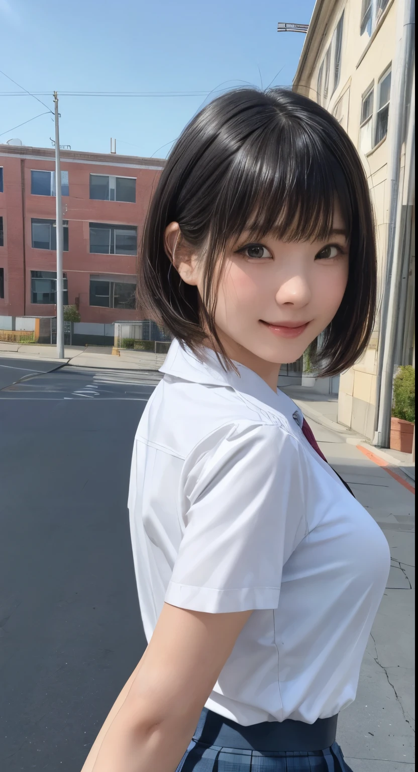 (masterpiece:1.3), (Realistic, RAW Photos, highest quality: 1.4), (One Girl), Beautiful Face, (超Realistic Face、シンメトリーのBeautiful Face), (Short black hair, short hair:1.6、bangs:1.3、Show off your beautiful ears), Beautiful Hairstyles, (Realistic eyes), Beautiful details, Long eyelashes, (Realistic Skin), Beautiful Skin, [Big Breasts:1.3], {Huge|big|Hugeな|Mega} chest, (Perfect body:1.3), (Detailed body:1.2), (tie), (Collared shirt, Pleated skirt:1.3), Absurd, charm, Ultra-high resolution, Ultra-realistic, Very detailed, Golden Ratio,Very cute beautiful woman、28 years old、Beautiful angle from behind、Background in front of the school building、smile、shut up.