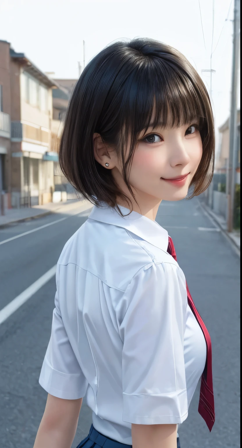 (masterpiece:1.3), (Realistic, RAW Photos, highest quality: 1.4), (One Girl), Beautiful Face, (超Realistic Face、シンメトリーのBeautiful Face), (Short black hair, short hair:1.6、bangs:1.3、Show off your beautiful ears), Beautiful Hairstyles, (Realistic eyes), Beautiful details, Long eyelashes, (Realistic Skin), Beautiful Skin, [Big Breasts:1.3], {Huge|big|Hugeな|Mega} chest, (Perfect body:1.3), (Detailed body:1.2), (tie), (Collared shirt, Pleated skirt:1.3), Absurd, charm, Ultra-high resolution, Ultra-realistic, Very detailed, Golden Ratio,Very cute beautiful woman、28 years old、Beautiful angle from behind、Background in front of the school building、smile、shut up.
