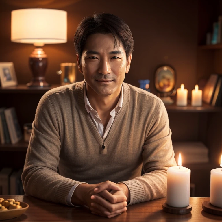 Description: A man in his 40s with a gentle smile。With a calm expression、Gives off a warm aura。Soft colors。background: Calm and dim light effect。 Small items:Aroma diffuser、Candles、Tarot Cards。