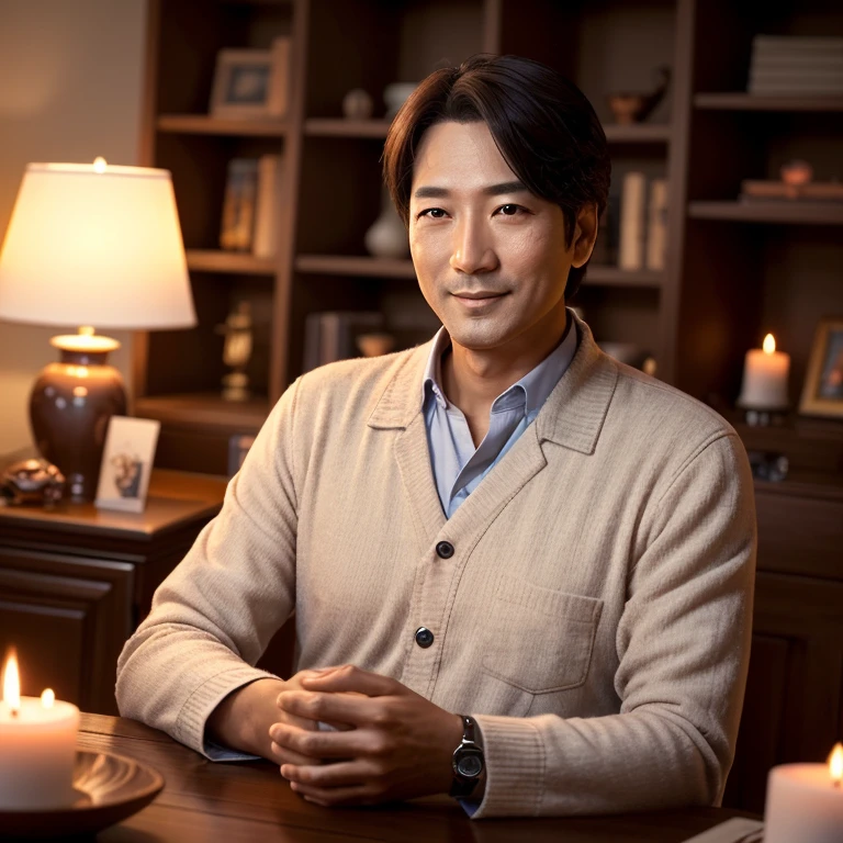 Description: A man in his 40s with a gentle smile。With a calm expression、Gives off a warm aura。Soft colors。background: Calm and dim light effect。 Small items:Aroma diffuser、Candles、Tarot Cards。 