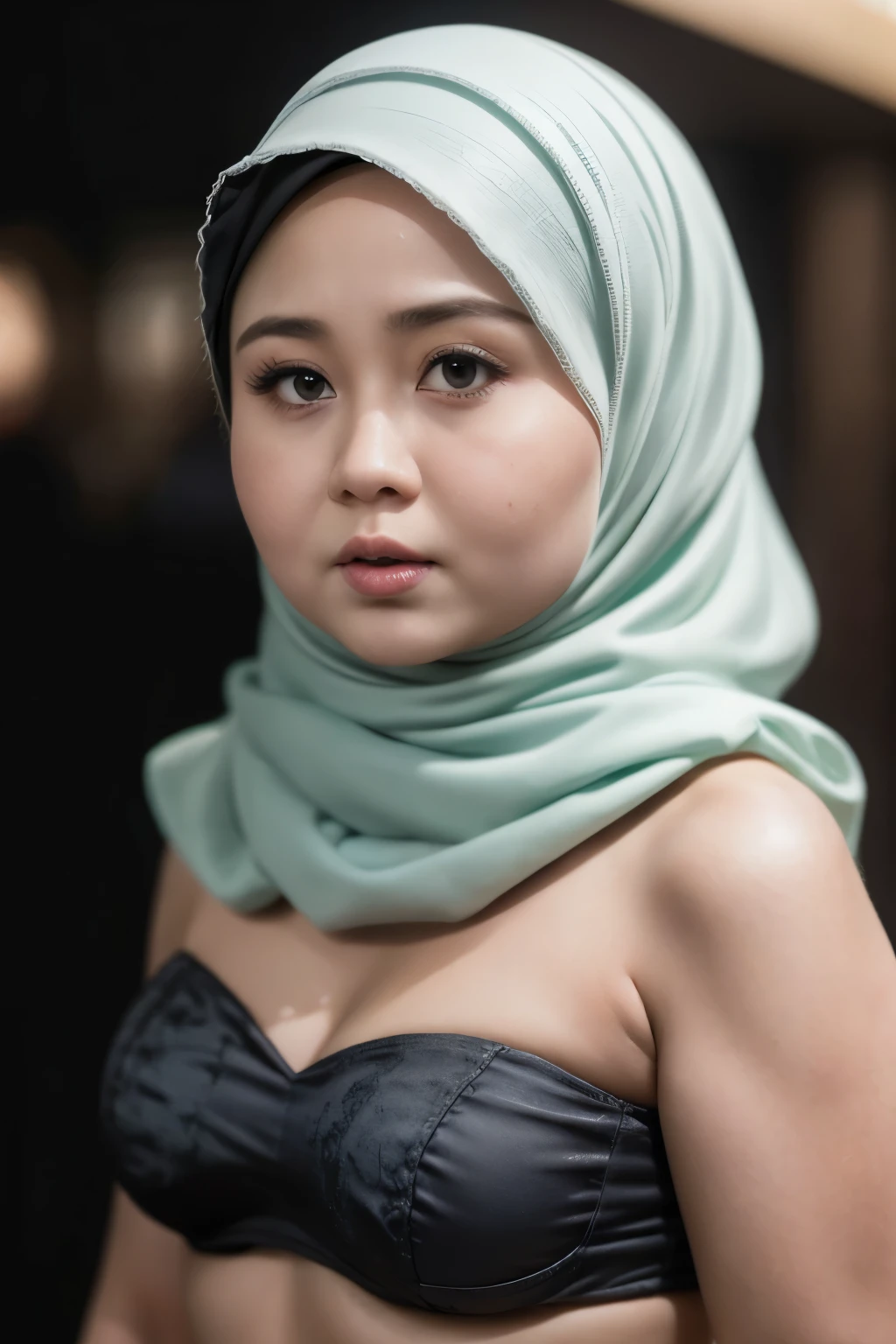 ((Chubby:1.4)), ((HIJAB)), WEARING STRAPLESS PATTERN FLORAL BRA, (Best Quality, hight resolution, Realistic:1.37), The Frightened Woman, standingn,  Distressed flared satin, cloudy water, Sinking Feeling, gloomy atmosphere, Foggy surroundings, dark shadows, A Surreal Touch, soft-lighting, creepy ambiance, can't cope with shame, half body, Being in the middle of a very creepy and dark city