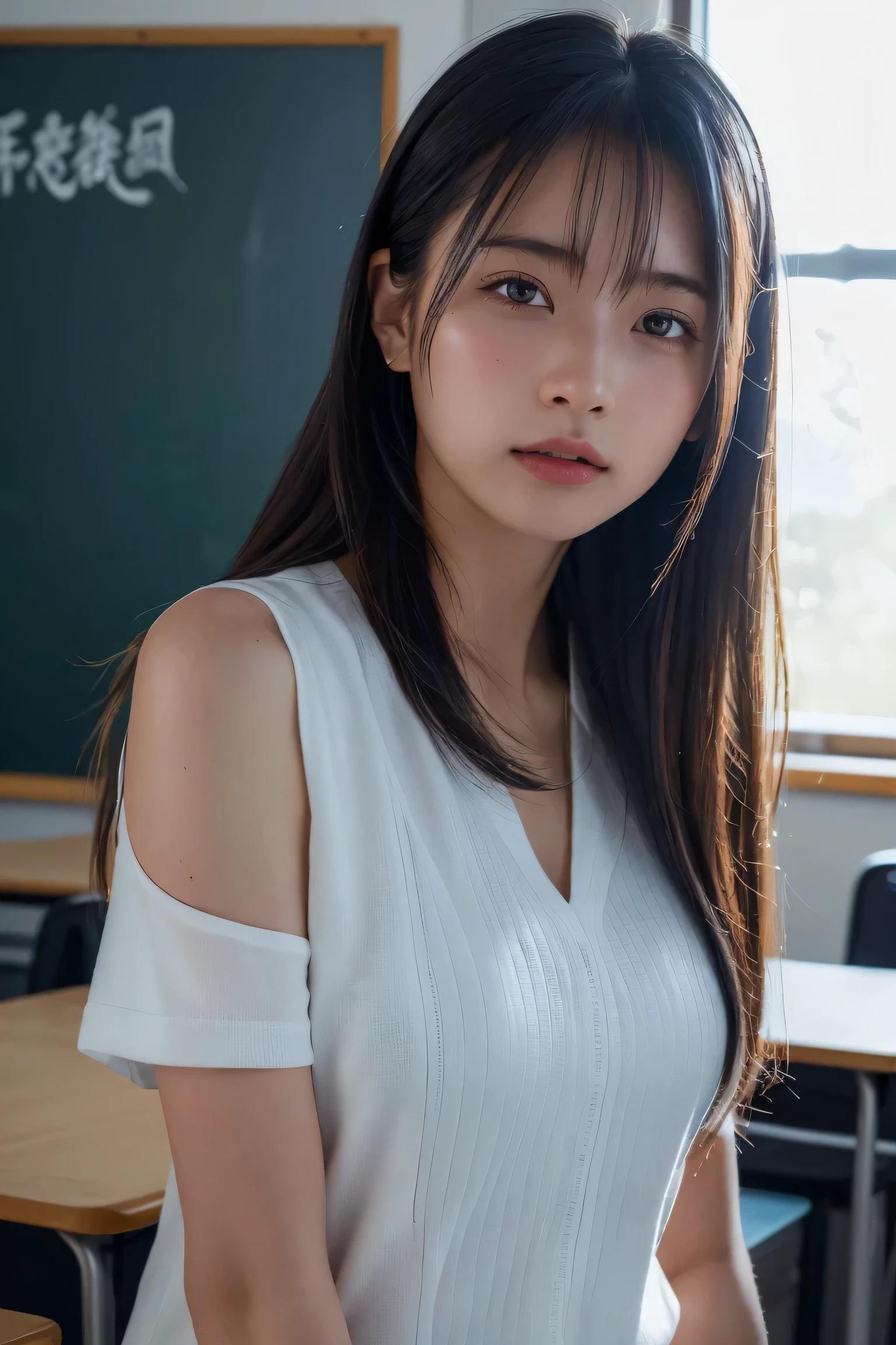 (best quality:1.4),(masterpiece:1.4),(photorealistic:1.4),(Realistic:1.2),(ultra high res, raw photo:1.4),(hdr, hyperdetailed:1.2),(8K:1.2),cinematic photo,photo of black hair,1girl,solo,wearing student uniform,((Japanese classroom))、((Upper Body:1.3))