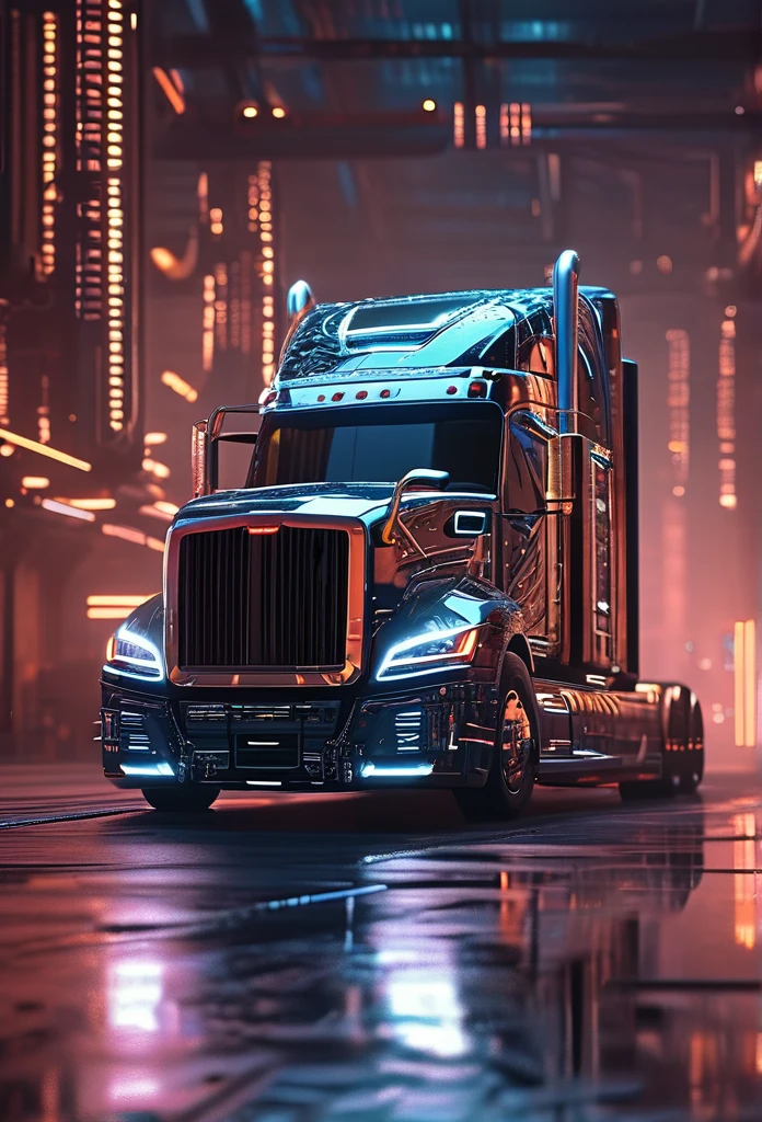 semi-truck, ((focus)), detailed circuitboard texture, futuristic cyberpunk style, dramatic lighting, neon glowing elements, intricate mechanical details, steel and chrome, seamless integration, industrial aesthetic, advanced technology, intricate circuitry, clean and sleek design, volumetric fog, cinematic camera angle, high quality, masterpiece, photorealistic, 8k
