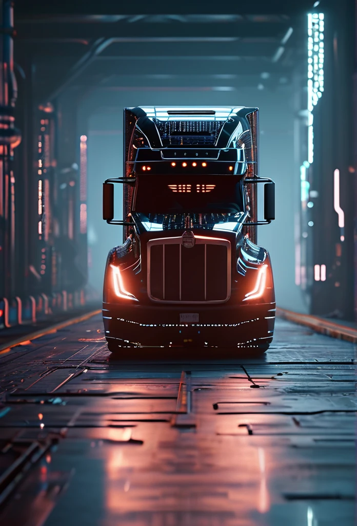 semi-truck, ((focus)), detailed circuitboard texture, futuristic cyberpunk style, dramatic lighting, neon glowing elements, intricate mechanical details, steel and chrome, seamless integration, industrial aesthetic, advanced technology, intricate circuitry, clean and sleek design, volumetric fog, cinematic camera angle, high quality, masterpiece, photorealistic, 8k
