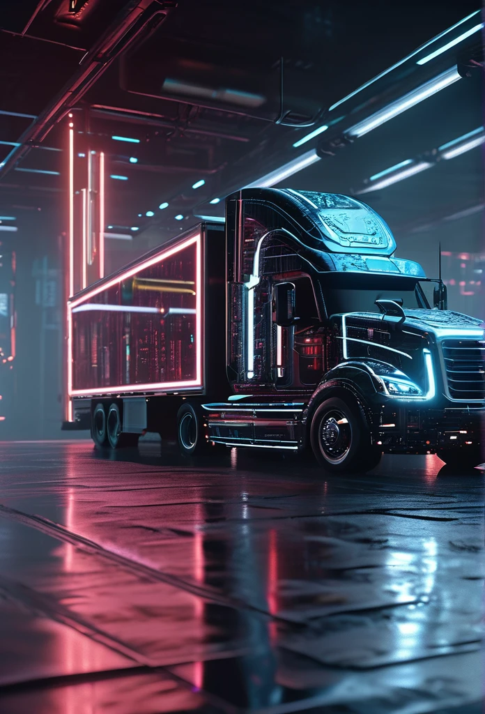 semi-truck, ((focus)), detailed circuitboard texture, futuristic cyberpunk style, dramatic lighting, neon glowing elements, intricate mechanical details, steel and chrome, seamless integration, industrial aesthetic, advanced technology, intricate circuitry, clean and sleek design, volumetric fog, cinematic camera angle, high quality, masterpiece, photorealistic, 8k