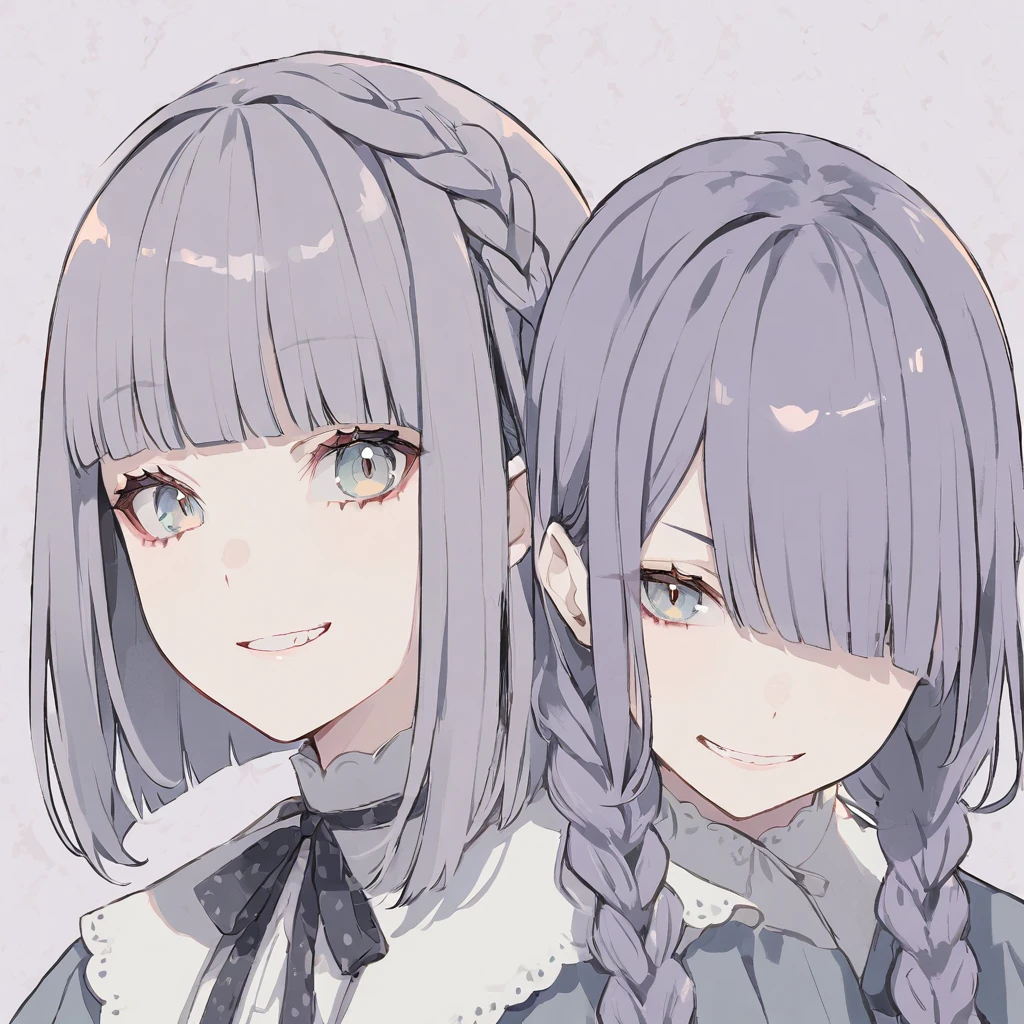 lavender patterned background, pale color,2girls, braid, blunt bangs, (closed one eye), grin,