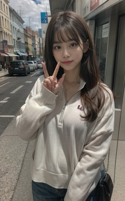 In town、Taking a selfie while making a peace sign、Half zip