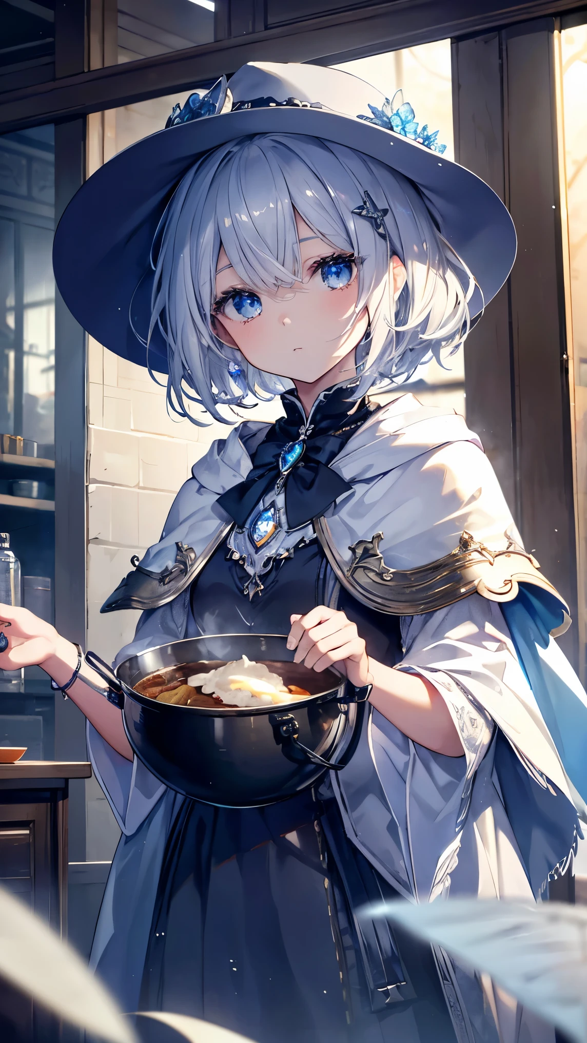 Short Hair、Silver Hair、Detailed sparkly eyes、Blue Eyes、owl,Straight face、Embarrassing、shine、reflected light、Film Grain、masterpiece、Textured Skin、Super Detail、High Detail、high quality、最high quality、High Resolution、16k、shine、Cape、Food,Alchemist,Western-style building,Cauldron