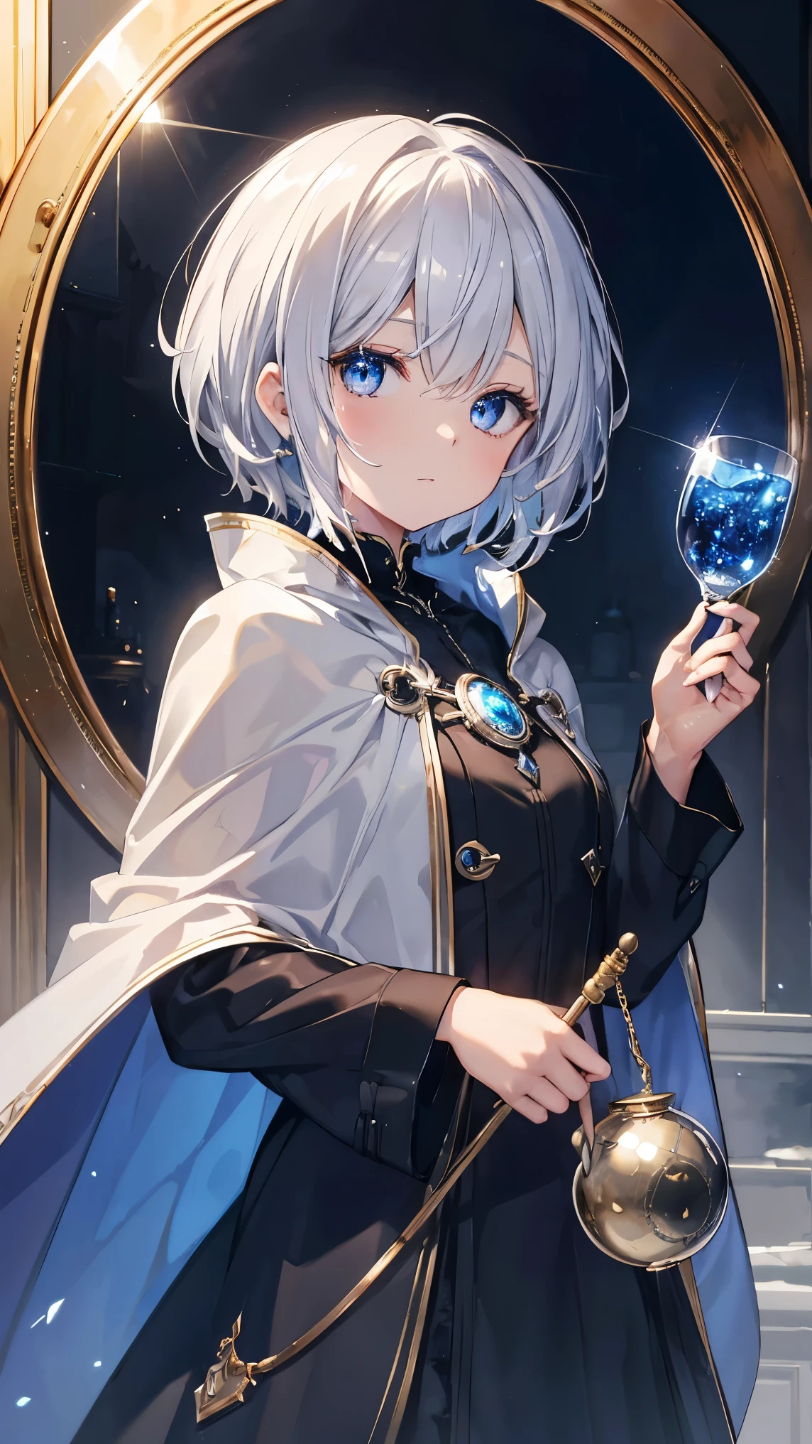 Short Hair、Silver Hair、Detailed sparkly eyes、Blue Eyes、owl,Straight face、Embarrassing、shine、reflected light、Film Grain、masterpiece、Textured Skin、Super Detail、High Detail、high quality、最high quality、High Resolution、16k、shine、Cape、Food,Alchemist,Western-style building,Cauldron