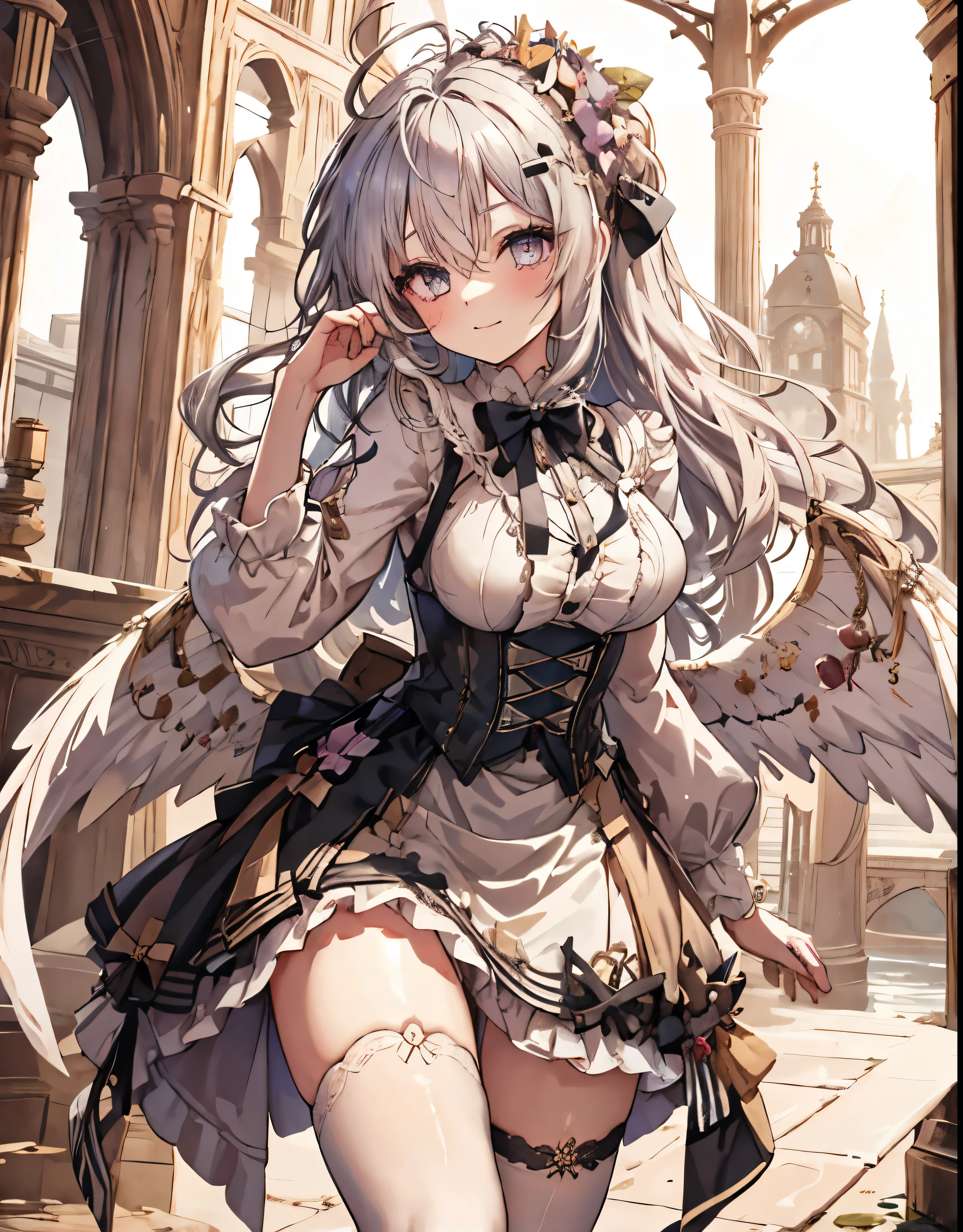 masterpiece, 1girl, sparrow, a silver haired girl, wearing a victorian dress, curly long hair, messy hair, slim body, he close her left eye, shirt ornament, ruby eyes, ahoge, baby face, big breast, beautiful breasts, rounded breasts, long sleeves, beautiful eyes, white stocking, droopy eyes, her age is 19 years old, ricefield, bowtie, azusa_bluearchive, lovely face, medium hair, lovely smile, curly hair, gothic lolita