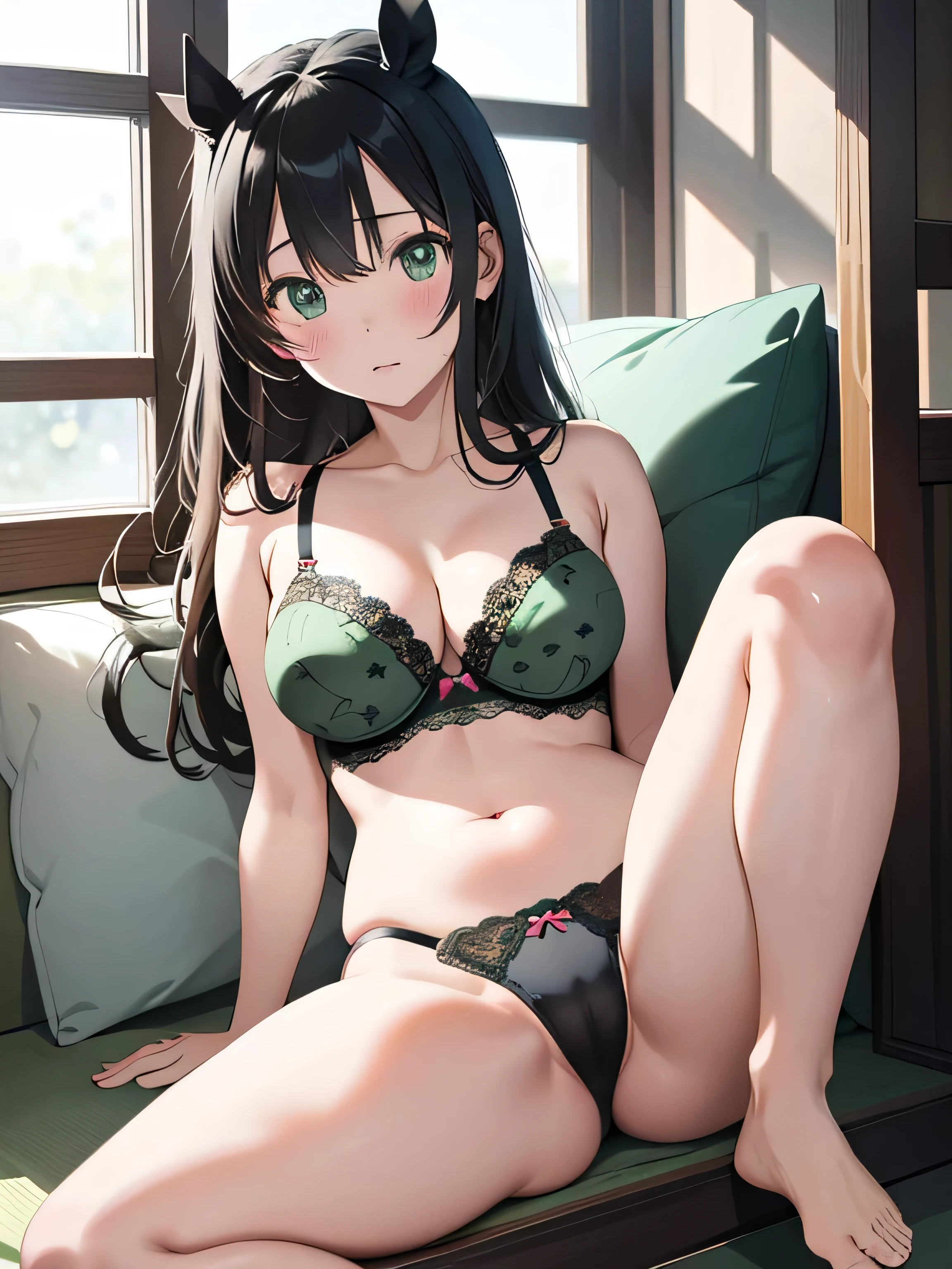 (((Horse Girl))), (((Kitasan Black))), (((masterpiece))),(((High resolution)))、(((8k)))、(((Perfect Face)))、(((The Beauty of Japan))), (((Beautiful Face))), Leg spread, (((Pastel green lace bra with heart print))), Pastel green lace panties with heart pattern, Embarrassed look, Looking at the camera, (Thighs)、Top quality eyes, Detailed Texture, Looking at the camera, Chubby,  Spread your knees、Sit with your feet facing outward, Leg spread, Sit leaning back to give the camera a good view of your crotch,