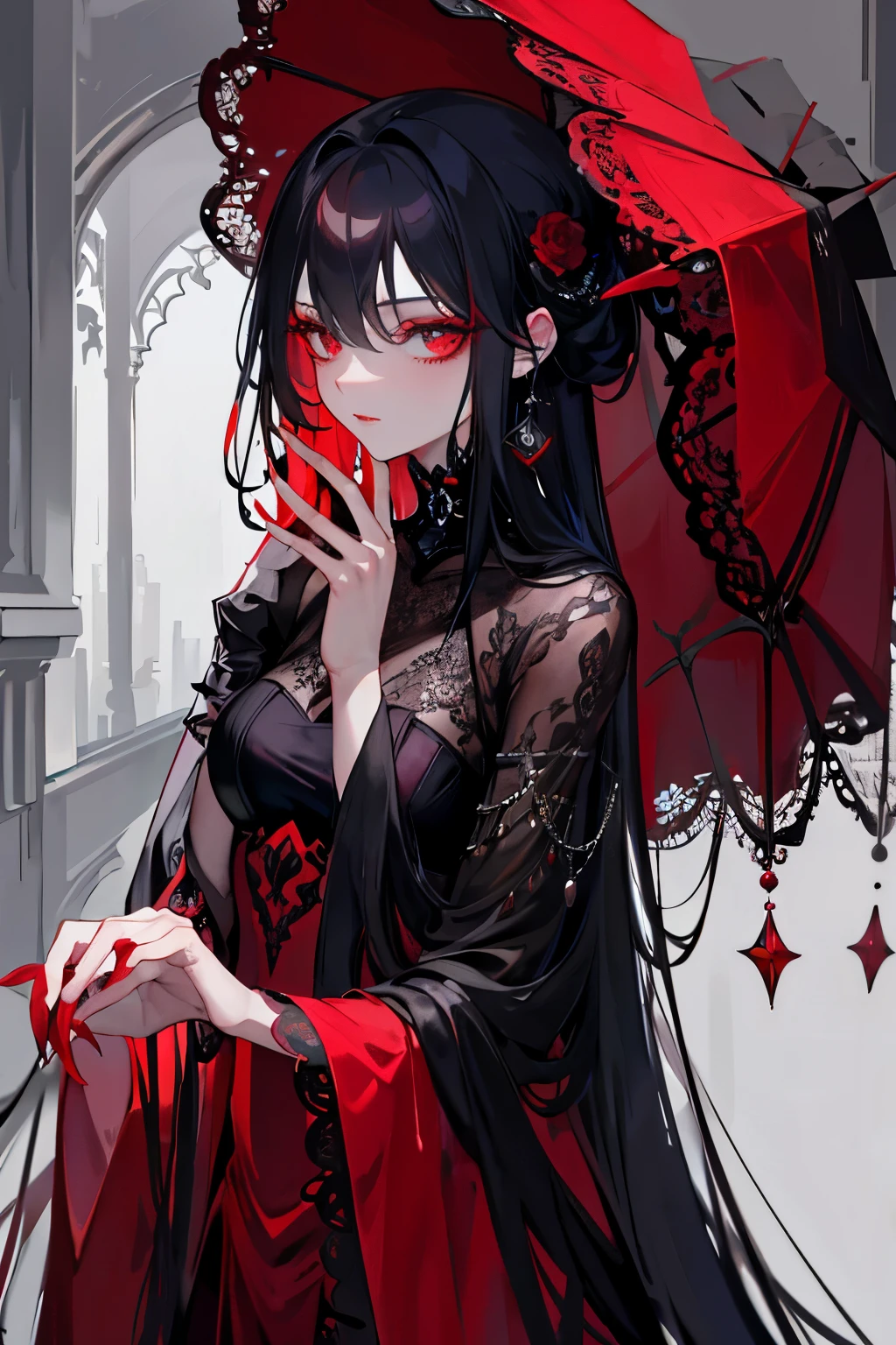An exquisite subject, veiled in crimson mystery, maintains a stance of quiet contemplation, her fingers pressed gently against her vividly painted lips. The length of her nails, an accent of bold red, adds an alluring mystique. The surroundings are shrouded in a velvet darkness, a backdrop of unyielding blackness.