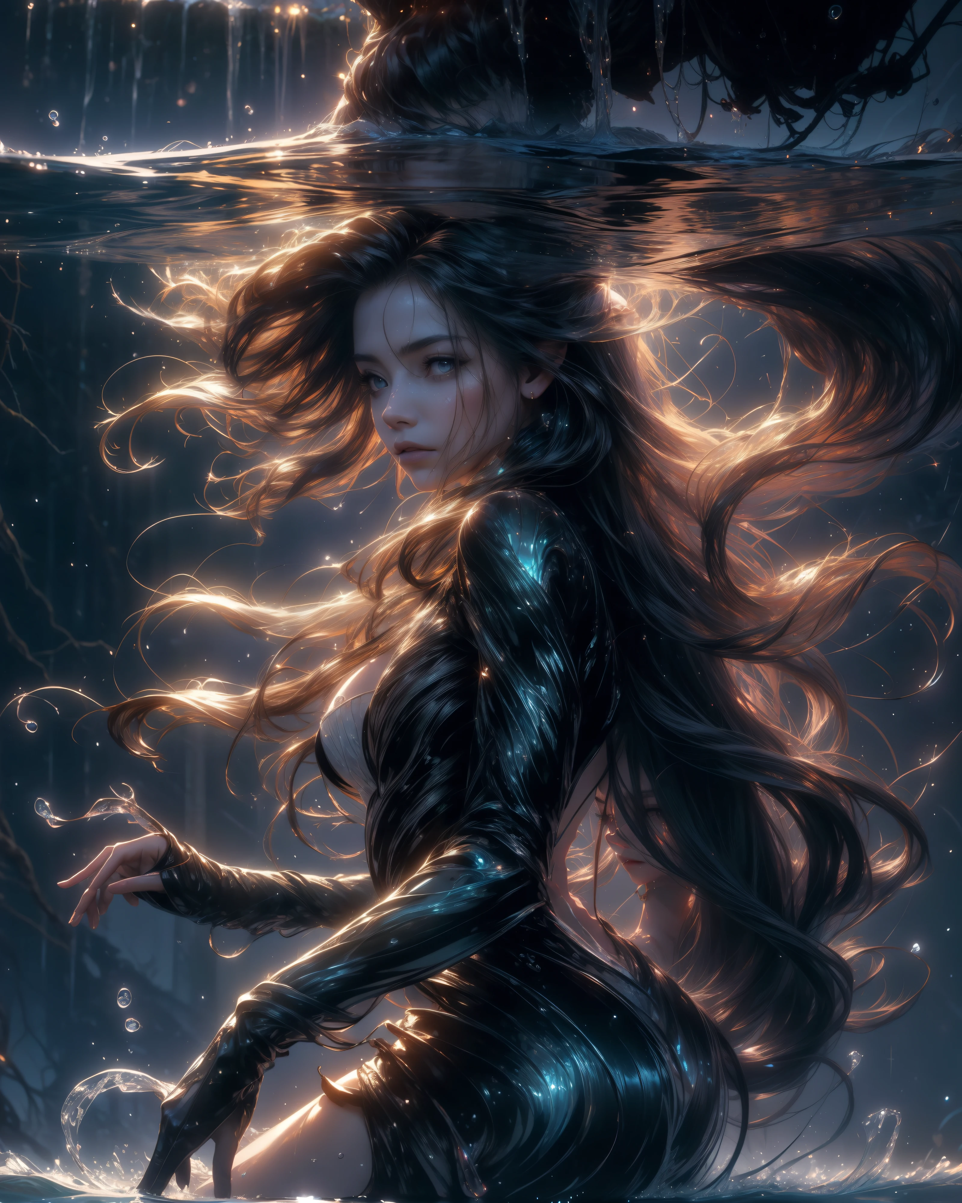 com.zrpgstyle, from_to the side, from_less, امرأة جميلة مصنوعة from الماء, (An expression of sadness:1.2), woman with (Long watery hair:1.2), ترتفع from الماء, moss, smoke, Vines, Water churning, Fireflies, fromتصف الليل, moon light, Backlight, (Masterpiece:1.2), (Best quality), (Hinge), (complicated), (8K), (Human development report), (Wall paper), (Cinema lighting), (Intense focus)