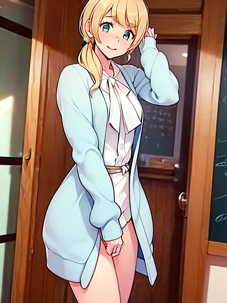 (Highly detailed CG,highest quality,8k, masterpiece: 1.3),Super detailed, Ultra-high resolution,Ellen Baker,girl(teacher),22 years old,Green Eyes,Delicate eyes, hair(blonde,length,((Loose Side Tail)),(White transparent blouse),(Light blue cardigan),Without skirt,Cute pink panties,