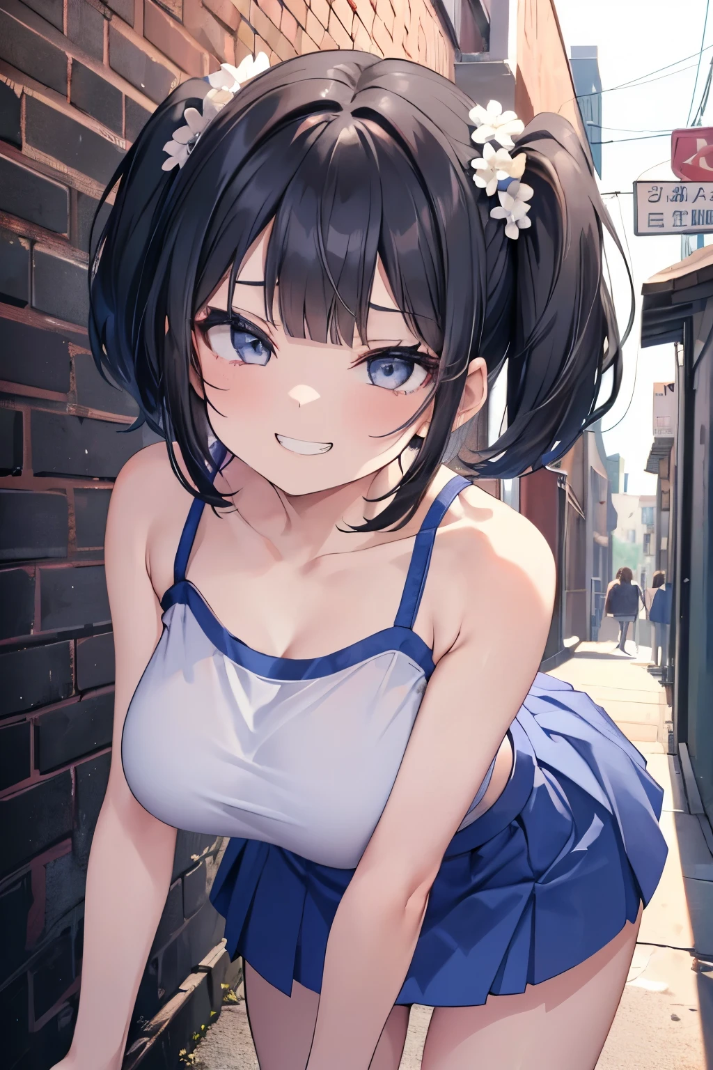 (8K、Highest quality、highest quality、masterpiece)、Detailed face、One girl、 Black Hair、short hair、twintails、blunt bangs、Grey Eyes、evil smile、((Grin))、Small breasts、((White camisole))、((Blue skirt))、Cowboy Shot、((bent over))、Back Alley Background、Very large breasts