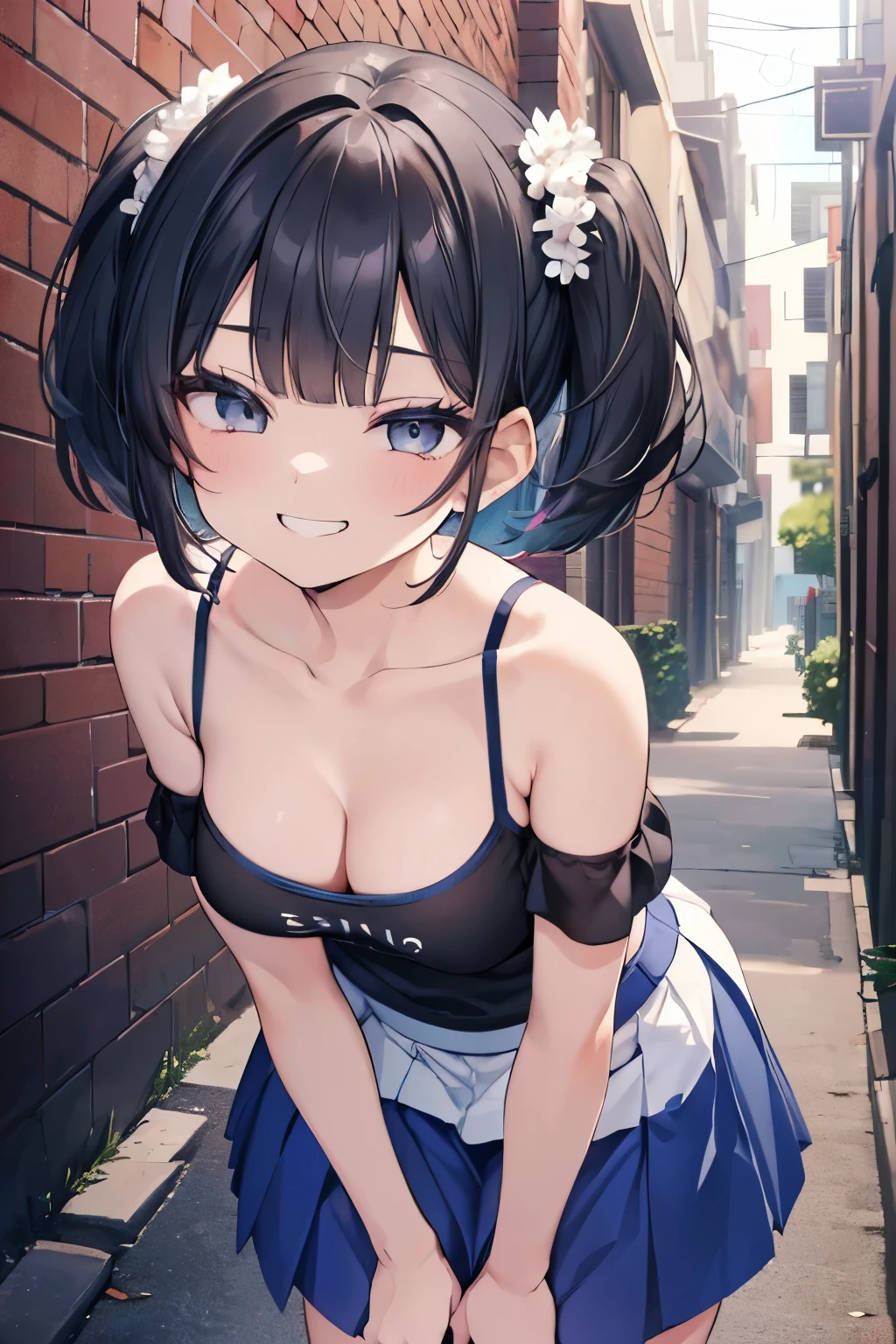 (8K、Highest quality、highest quality、masterpiece)、Detailed face、One girl、 Black Hair、short hair、twintails、blunt bangs、Grey Eyes、evil smile、((Grin))、Small breasts、((White camisole))、((Blue skirt))、Cowboy Shot、((bent over))、Back Alley Background、Very large breasts