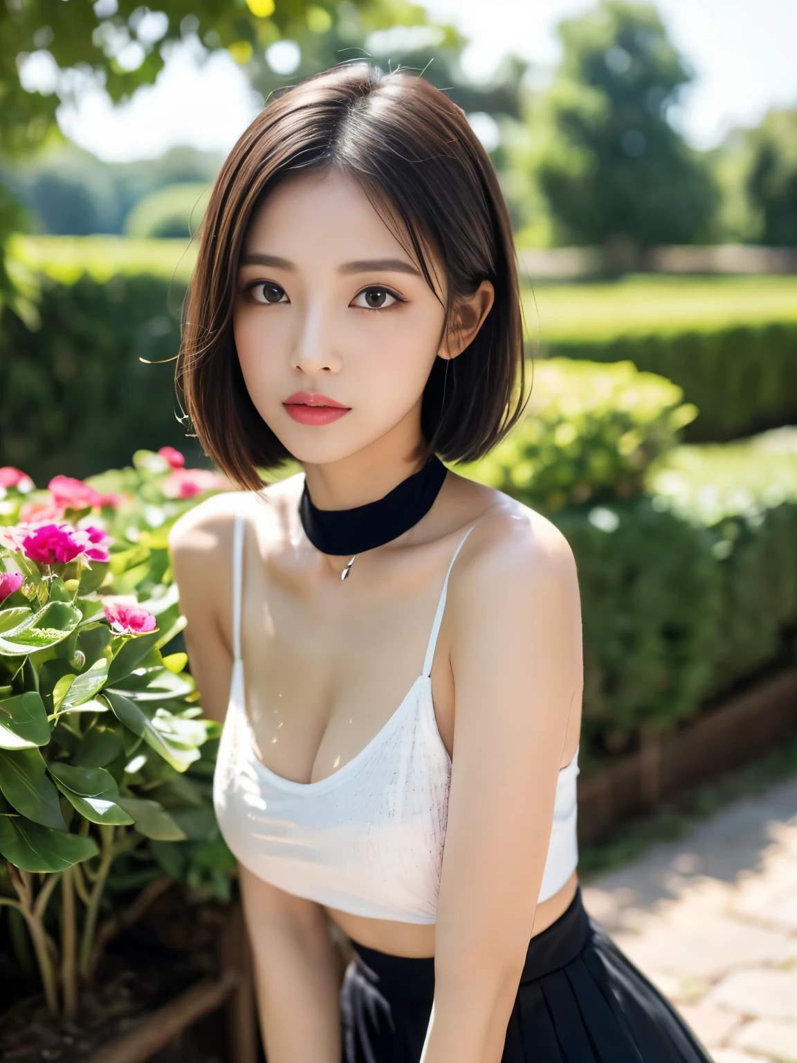 garden、((highest quality、8k、masterpiece:1.3))、beautiful girl、1 female、Big Breasts:1.3、Slim figure:1.1、Are crying:1.4、Black Hair、Very short hair、Racing Tank Top、Underbab、mini skirt、ダメージデニムmini skirt、choker、Highly detailed face、Detailed lips、Fine grain、double eyelid、Kneel、Place your hands behind your head、