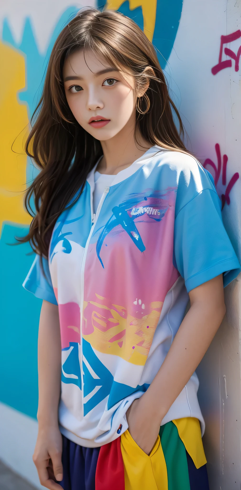 (best quality), masterpiece, extremely detailed CG uniform 8K illustration, high color, extremely high color saturation, all colors deepened, paint, graffiti art, center composition, extremely detailed light and shadow, graffiti wall, wall painted bright, 1 girl graffiti 1 girl looking at the wall, extremely detailed face and eyes, medium length hair, sportswear, colored clouds
