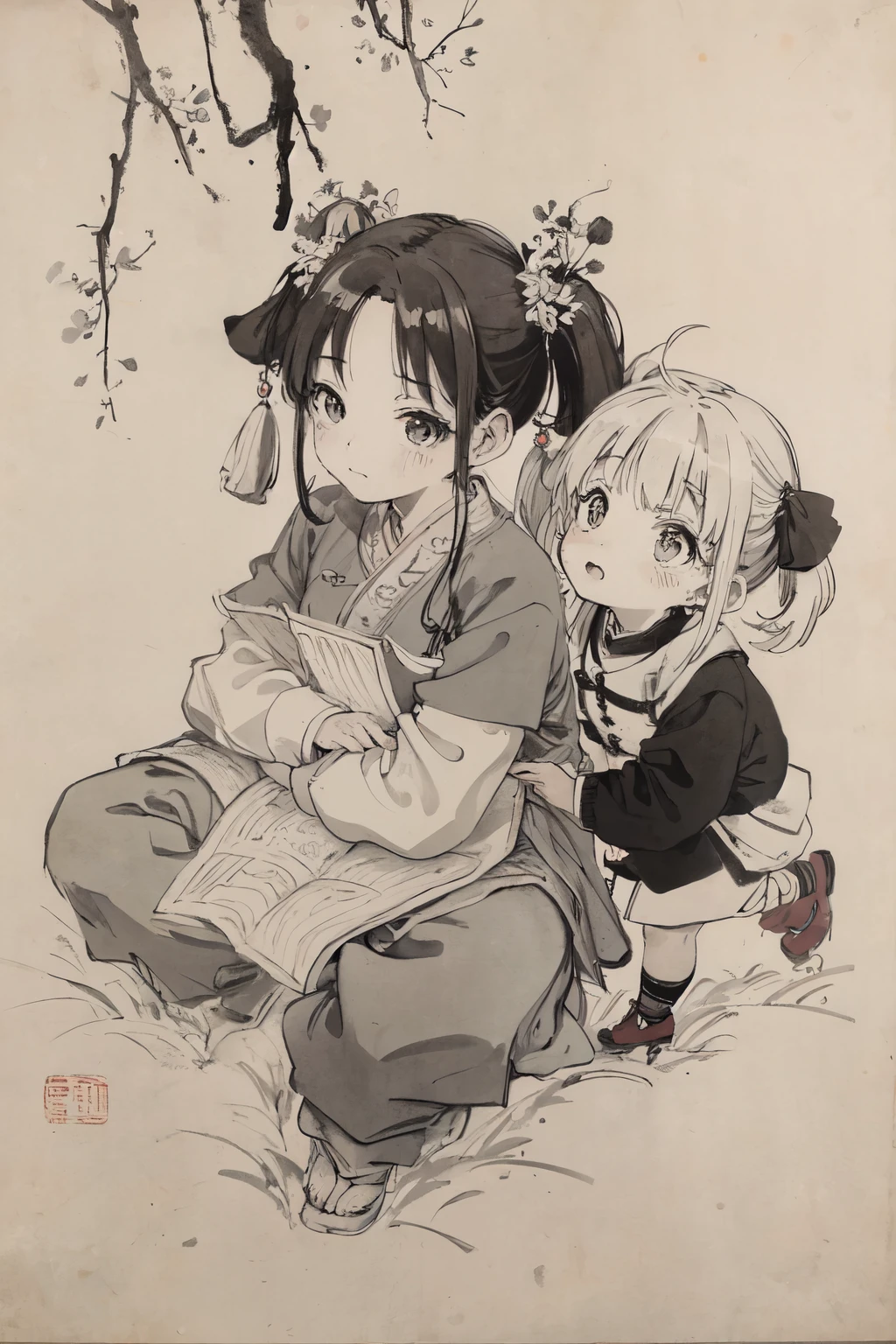 (masterpiece, highest quality: 1.2), Traditional Chinese Ink Painting, Two children