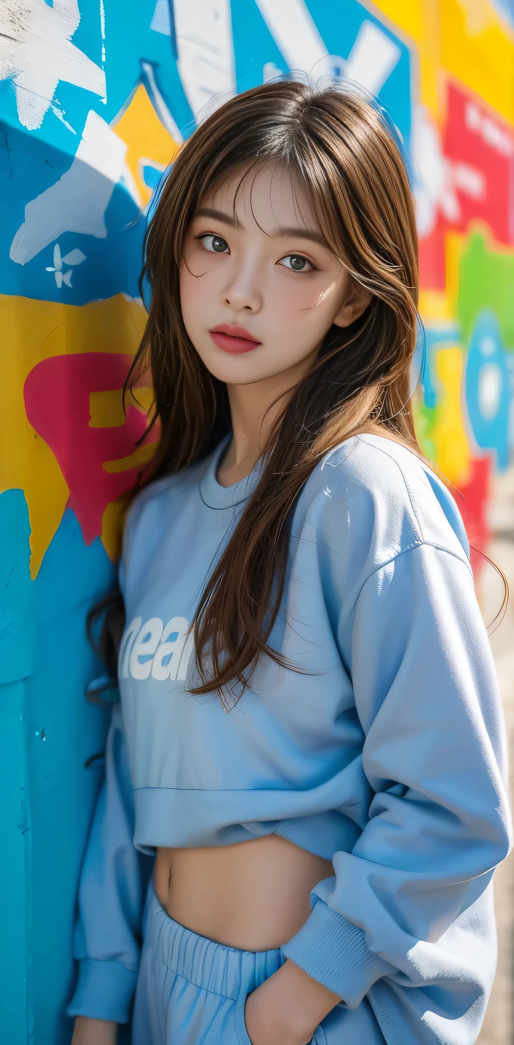 (best quality), masterpiece, extremely detailed CG uniform 8K illustration, high color, extremely high color saturation, all colors deepened, paint, graffiti art, center composition, extremely detailed light and shadow, graffiti wall, wall painted bright, 1 girl graffiti 1 girl looking at the wall, extremely detailed face and eyes, medium length hair, sportswear, colored clouds