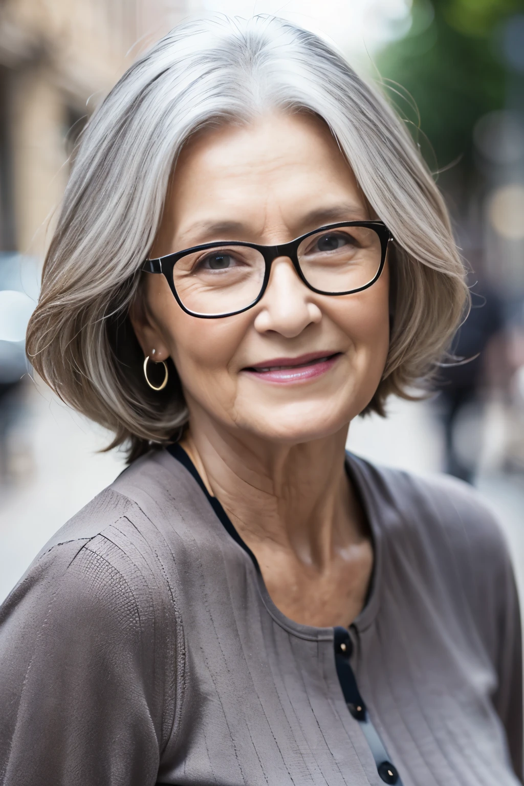 (casual wear:1.3),(70-year-old woman:1.4),(Wrinkles on the face,wrinkled body1.5),smile,(gray hair:1.2),square glasses,(old mature woman:1.3),long sauvage hair
BREAK
city,(realistic:1.2),milfAva,mature,beauty milf,Czech Mature