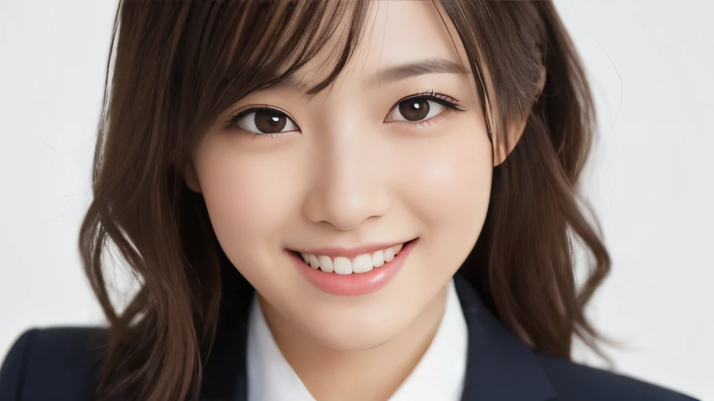 (Realistic: 1.4), (highest quality: 1.4), (fine grain), Full Body Shot, ((White Background)), ((One Young Woman)), ((Have an iPhone)),Black wavy hair, ((suit)), Big eyes, Blushed, ((smile)), Highly detailed face and skin texture, Healthy Skin, 8K resolution