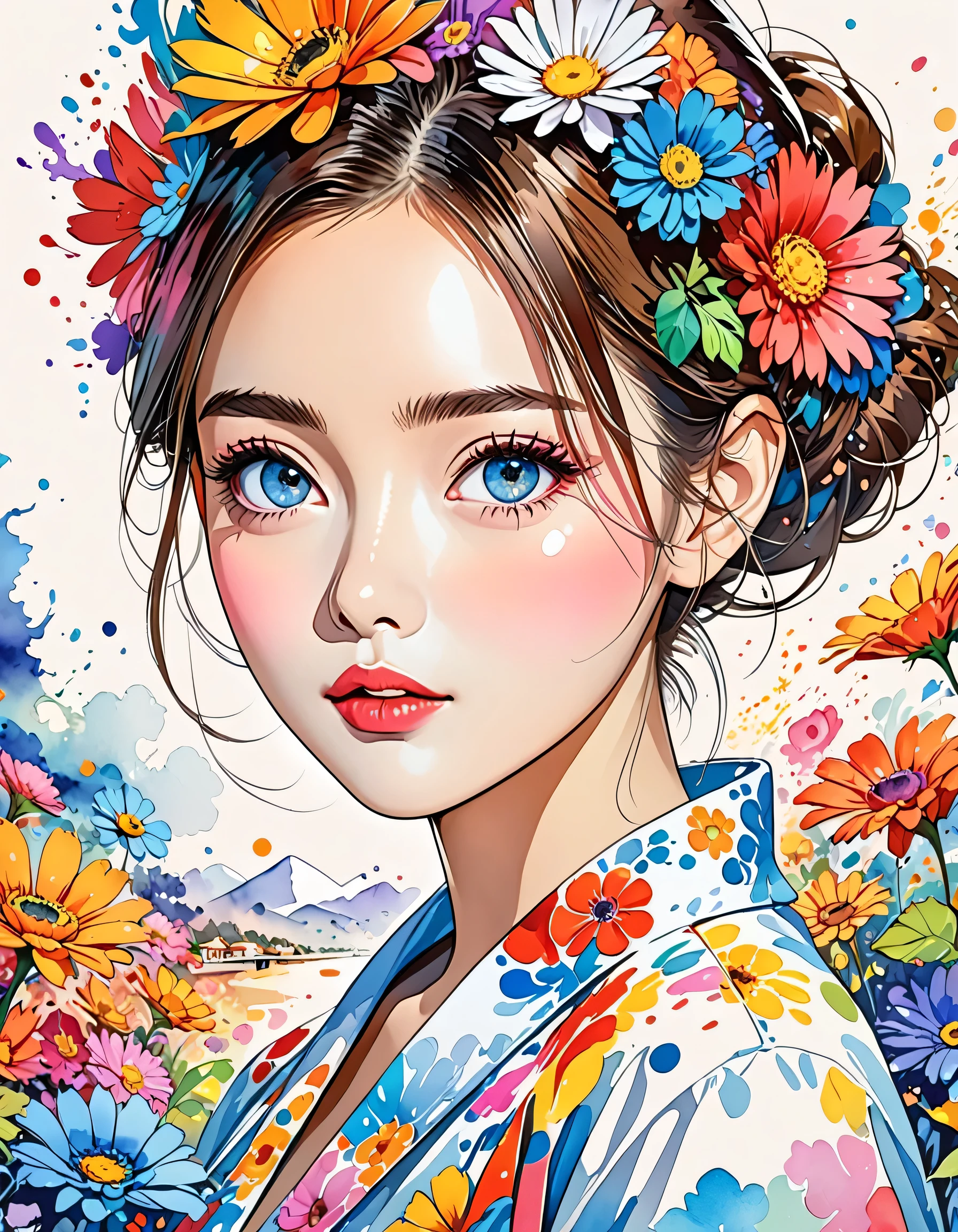 Hayao Miyazaki Style、(((stylish fashion))), 8K Quality、Intense watercolor, Detailed watercolor art, Watercolor splash, Surreal, avant-garde pop art, Beautiful and expressive paintings, Beautiful artwork illustration, Very colorful tones, wonderful, Cool beauty, highest quality、Official Art, Vector art, Stylish design, (((The most beautiful girl))), (((highest quality))), HDR, ((detailed)), (((Doodle Art)), ((masterpiece)), ((Super detailed)), (((Colorful flowers))),(((Stylish)))