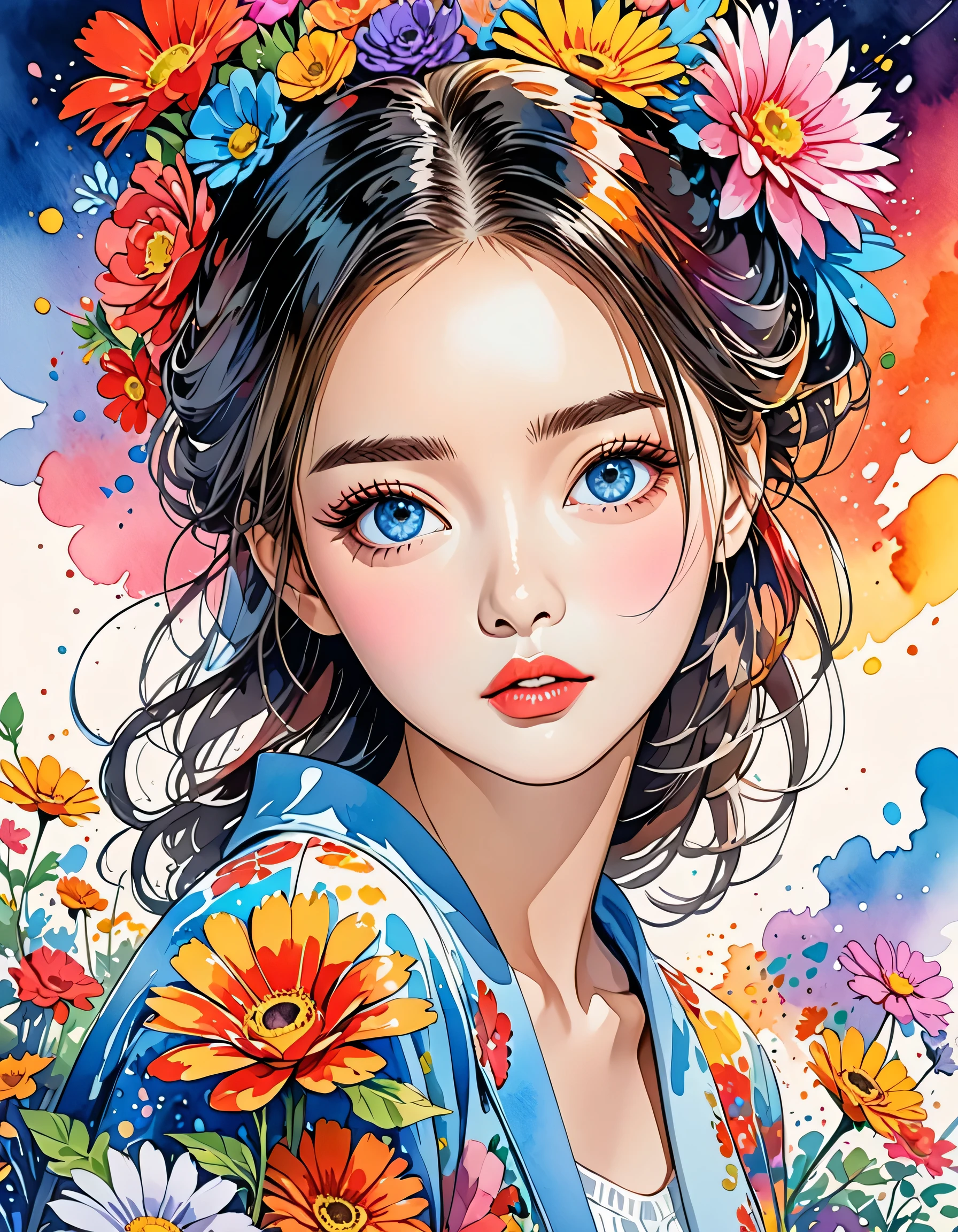 Hayao Miyazaki Style、(((stylish fashion))), 8K Quality、Intense watercolor, Detailed watercolor art, Watercolor splash, Surreal, avant-garde pop art, Beautiful and expressive paintings, Beautiful artwork illustration, Very colorful tones, wonderful, Cool beauty, highest quality、Official Art, Vector art, Stylish design, (((The most beautiful girl))), (((highest quality))), HDR, ((detailed)), (((Doodle Art)), ((masterpiece)), ((Super detailed)), (((Colorful flowers))),(((Stylish)))