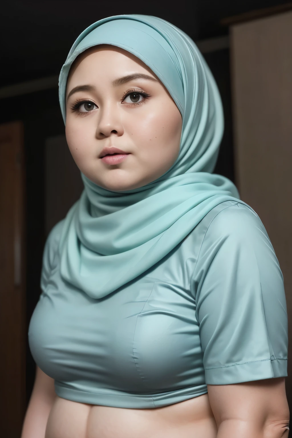 ((Chubby:1.4)), ((HIJAB)), WEARING STRAPLESS PATTERN FLORAL BRA, (Best Quality, hight resolution, Realistic:1.37), The Frightened Woman, standingn,  Distressed flared satin, cloudy water, Sinking Feeling, gloomy atmosphere, Foggy surroundings, dark shadows, A Surreal Touch, soft-lighting, creepy ambiance, can't cope with shame, half body, Being in the middle of a very creepy and dark city