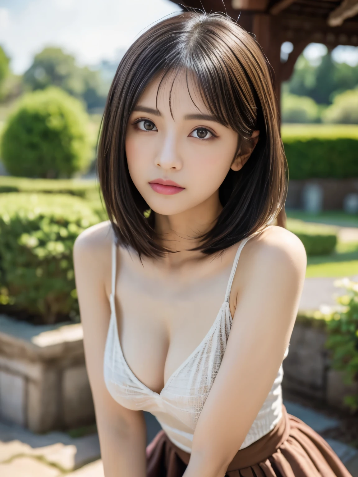 garden、((highest quality、8k、masterpiece:1.3))、Japanese actress、1 female、Big Breasts:1.2、Slim figure:1.1、Are crying：1.4、Black Hair、Very short hair、Racing Tank Top、Underbab、mini skirt、ダメージデニムmini skirt、Highly detailed face、Detailed lips、Fine grain、double eyelid、Kneel、Place your hands behind your head、