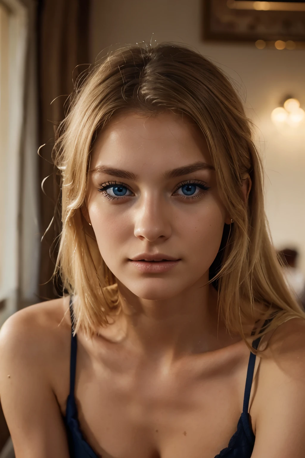hyper realistic, face of a French blonde woman, 20 years old, dark blue eyes, magnificent, high quality details

