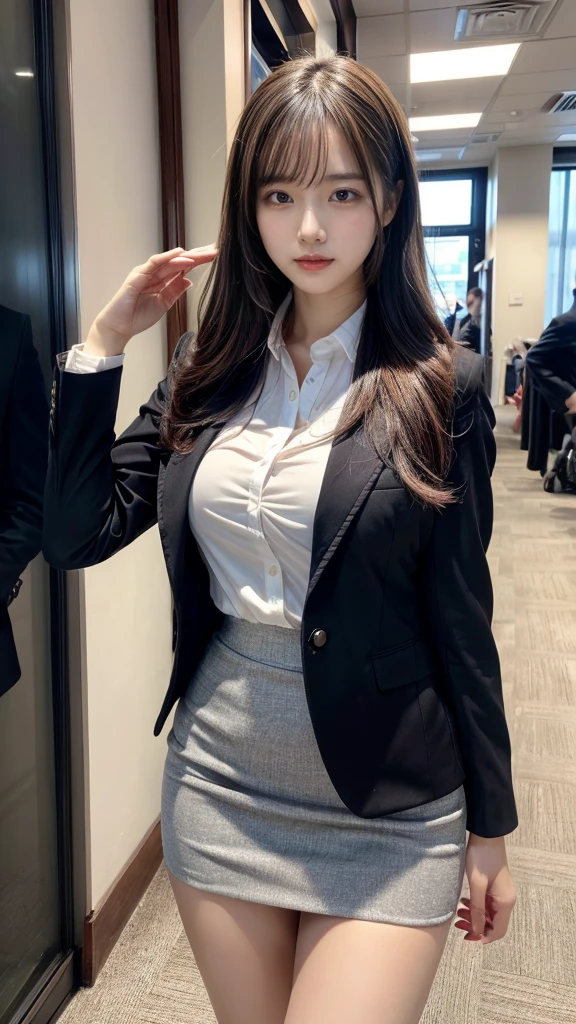 ((top-quality、8K、​masterpiece:1.3))、1girl in、Beautiful woman Standing in the house:1.3、long-haired、Colossal tits、Don't expose it,Protruding big, (Office Lady, ,Suit, Black Suit,Black jacket, white shirt:1.5, tight skirt)、Super delicate face、Delicat eyes、double eyelid、Standing Elegantly、beautiful thick legs, beautiful hip line, perfect body shape