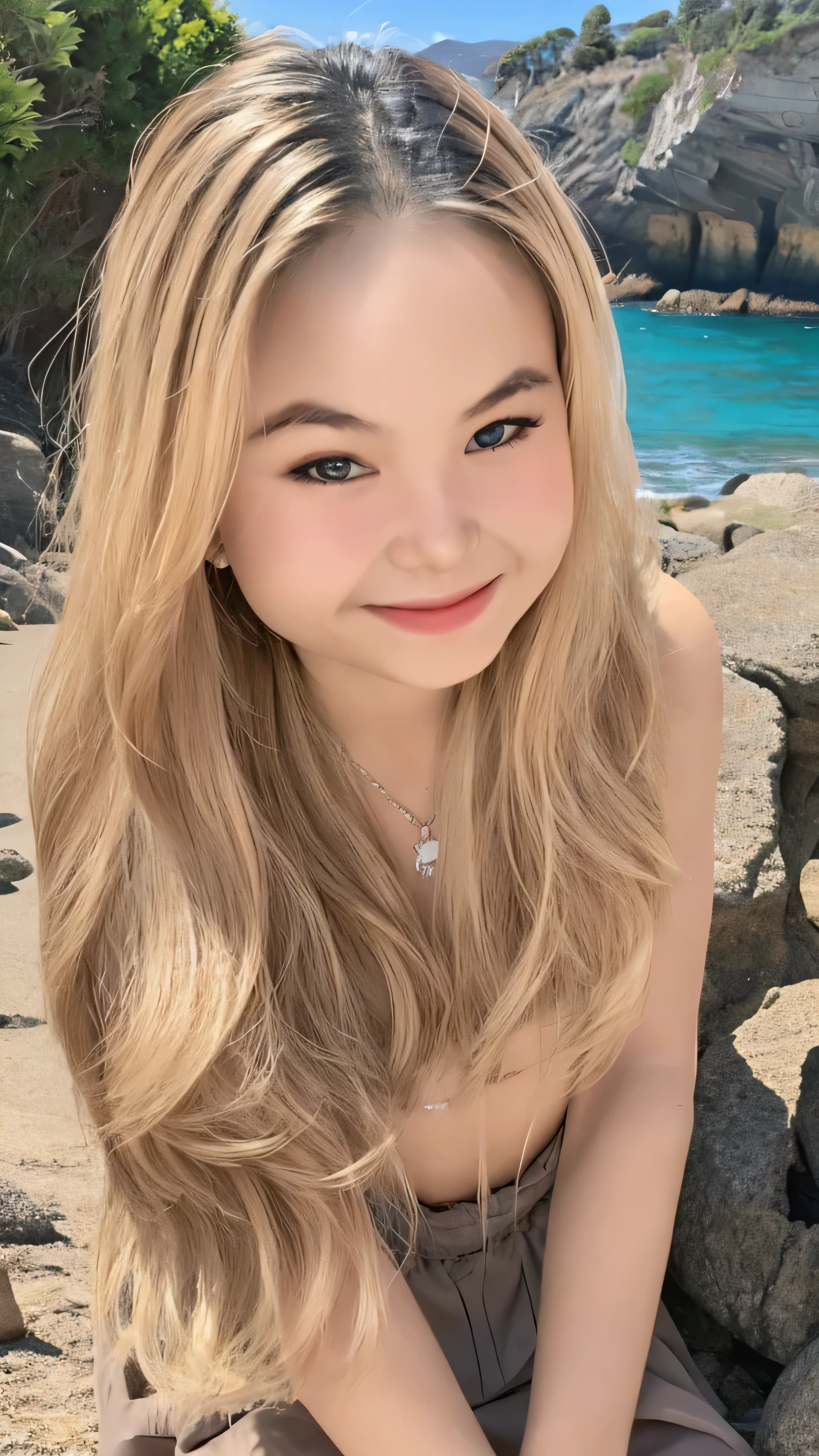 1 girl, alone, looking at the viewer, dark blonde long hair, hair is tied up, beautiful body, smaller chest, nude, Coastal rocky background, smile, realistic, masterpiece, 最high quality, high quality, High resolution,