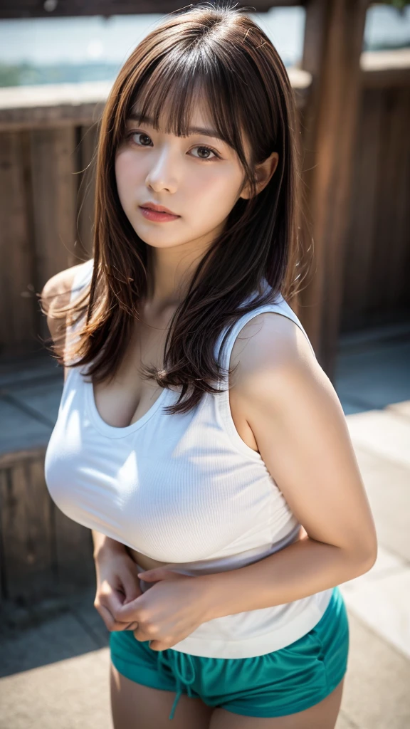 masterpiece, Best Quality, 8K, 20 yo, huge breasts, cuddly, Solo, sad, Cute, Girly, Delicate girl, Neat and clean beauty, Raw photo, Professional Photography, Portrait, Soft light, Professional Lighting, Back lighting, Upper body, front view, Sophisticated, Film grain, (Eyes and faces with detailed:1.0), short length floating hair, beautiful flowing hair, bangs, A tight polo shirt that expresses the roundness and softness of your chest., Colossal tits、Don't expose it,Protruding big, Erotic shorts, Standing Elegantly、beautiful thick legs