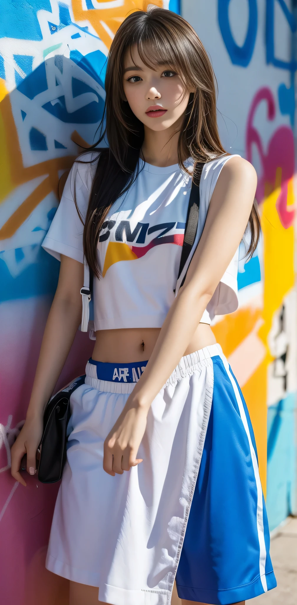 (best quality), masterpiece, extremely detailed CG uniform 8K illustration, high color, extremely high color saturation, all colors deepened, paint, graffiti art, center composition, extremely detailed light and shadow, graffiti wall, wall painted bright, 1 girl graffiti 1 girl looking at the wall, extremely detailed face and eyes, medium length hair, sportswear, colored clouds