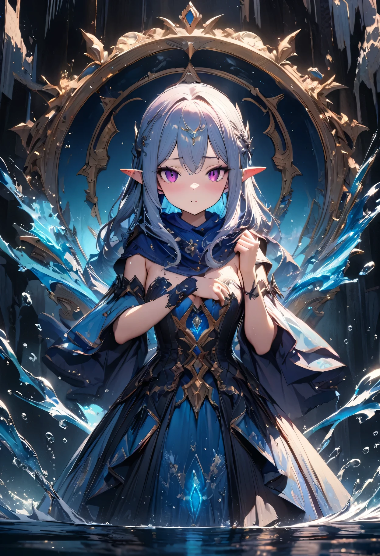 1 girl,(masterpiece, illustration, best quality:1.5), insanely beautiful black ice SKADI little sister, water blue body painting, global illumination, finely detailed, beautiful defined detailed face, beautiful detailed eyes, beautiful detailed shading, highly Detailed body, finely detailed, (3_water_droplets), tilted halos, full body, body lightly covered with frost, frosty wild hair, water elements, water drops, water , dragon eyes, sharp eyes, purple eyes, slit pupils, pointy ears, majestic dress, blue makeup , jowelery, and wet atmosphere, , full body focus, beautifully detailed background, cinematic, K, UHD, by Li Yue, pink and blue gems , transparent sky blue scarf , royal blue dress