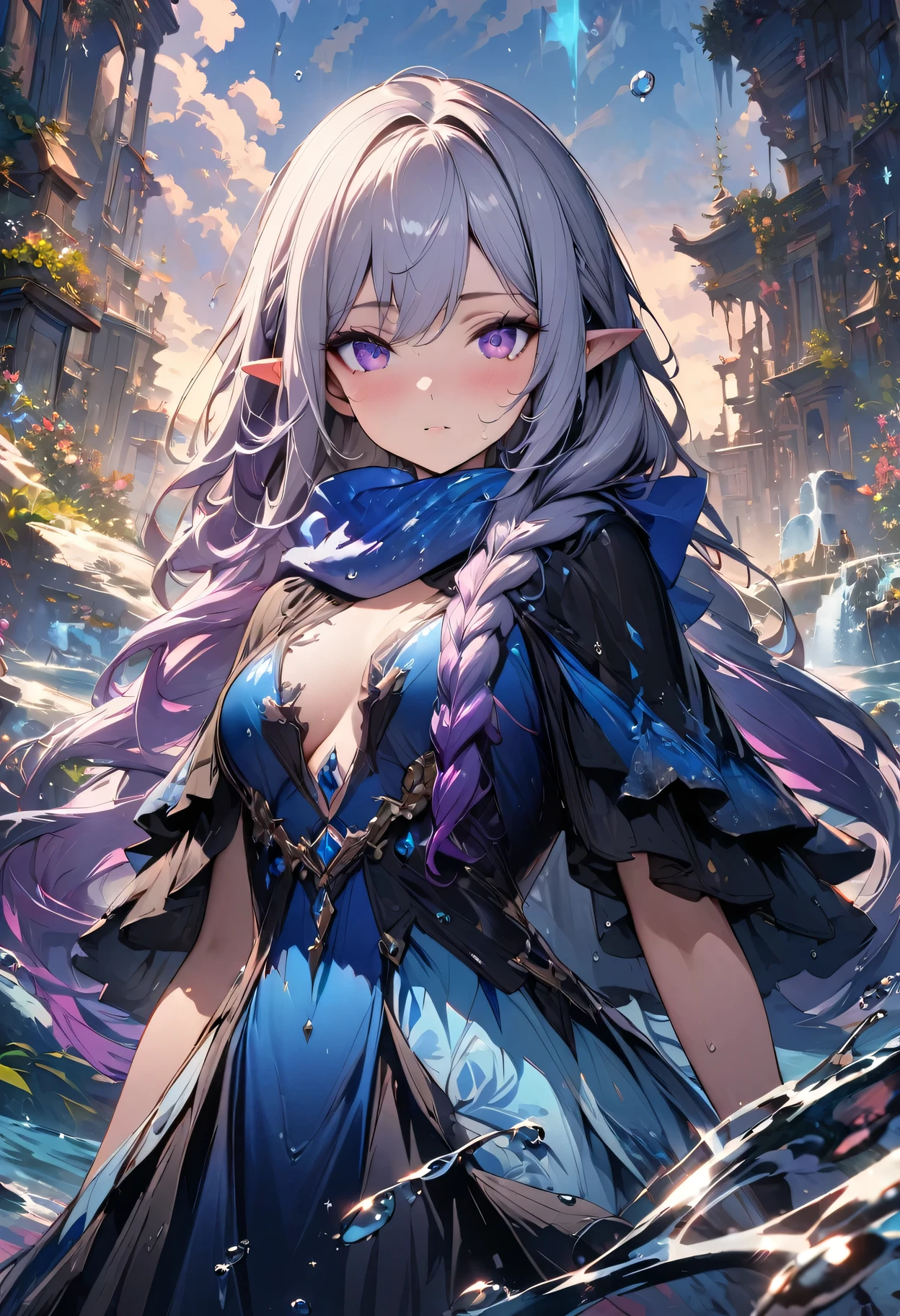 (masterpiece, illustration, best quality:1.5), insanely beautiful black ice SKADI  sister, 2 girls, yinji, purple hair, purple eyes, long hair, white hair, double braids, gradient hair, water blue body painting, global illumination, finely detailed, beautiful defined detailed face, beautiful detailed eyes, beautiful detailed shading, highly Detailed body, finely detailed, (3_water_droplets), tilted halos, full body, body lightly covered with frost, frosty wild hair, water elements, water drops, water ,pointy ears, majestic dress, blue makeup , jowelery, and wet atmosphere, , full body focus, beautifully detailed background, cinematic, K, UHD, by Li Yue, pink and blue gems , transparent sky blue scarf , royal blue dress