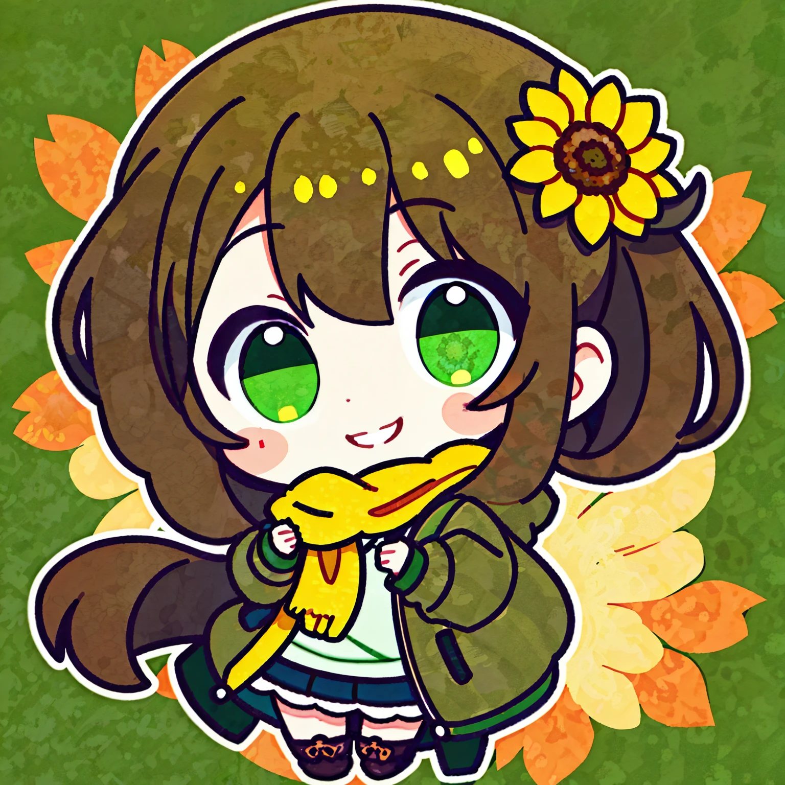 1 Girl,Brown side ponytail,Green eyes,scarf,green windbreaker,sunflower🌻,Smile