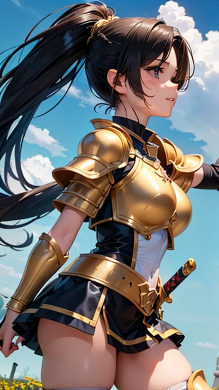 A girl is posing for a photo, cute女の子, Enchanting girl, Anime Girls, 
(((One Girl, cute, 16 years olsoutfit:1.3、Black Armor、Gold-decorated breastplate、Gold-decorated knee pads、Holding a big sword),   
BREAK 

(Beautiful Hair, Shiny Hair), (Black Hair、ponytail、slicked back hair:1.4),  
(Expression of fine eyes, Beautiful and delicate eyes, Sparkling eyes, Eye Reflexes), (black eye), 
double eyelid, Long eyelashes, 
(Beautiful Nose,Thin Nose), 
(Glossy lips, Beautiful Lips, Thick lips), 
(Symmetrical facial features, Perfect Face), (((Detailed skin, Oily skin, Textured skin, Beautiful Skin))), 
break  

(smile), 
(noon、(Sunshine、Meadow in a fantasy world、blue sky、cumulonimbus)), ((Dynamic Pose、from side、Cowboy Shot:1.4)), 
break 

(((highest quality)), ((masterpiece)), (Very detailed), (High resolution), (Beautiful sparkle), (High detail), (Anatomically correct)), ((Realistic)), 
(The best CG), Highly detailed art, CG illustration, (16k, 1080p), ((Line art)),

