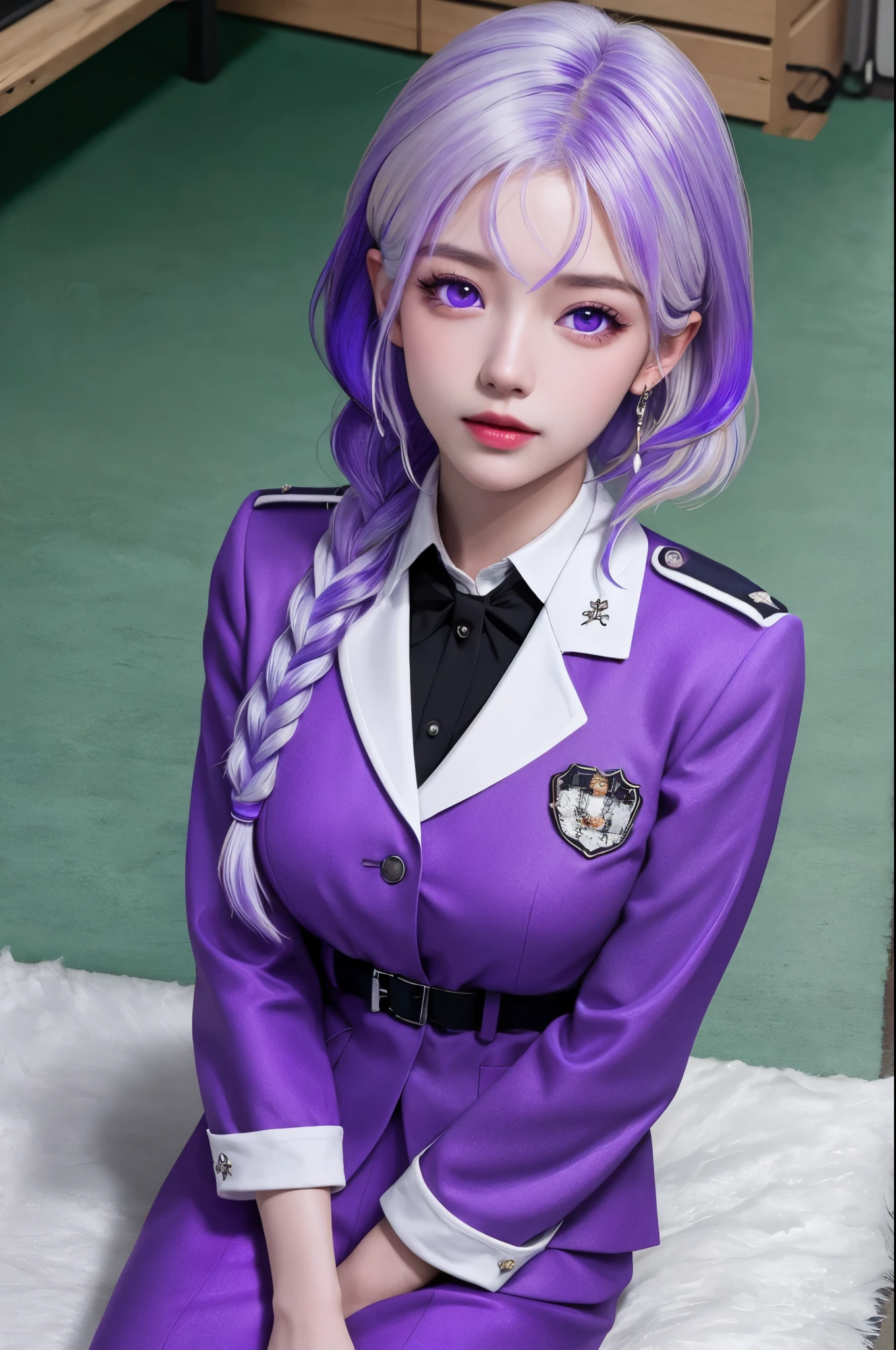 (masterpiece), (high quality), (8k resolution), (RAW photos), (best quality), (masterpiece:1.5), (Practical:1.5), ((photo Practical)), Vivid details, hyper Practical,1 Girl, (Lovely:1.2), beautiful, high quality、Delicate face, Perfect face, (purple hair and white hair:1.4), Red face,Two braids, delicate eyes, (Purple Eyes),Colored eyes,(Big watery eyes),National Foundation,, slim body, looking at the audience, Shut up, Real human skin, shiny skin, Mid-chest, ((Uniforms)), sit, floor,