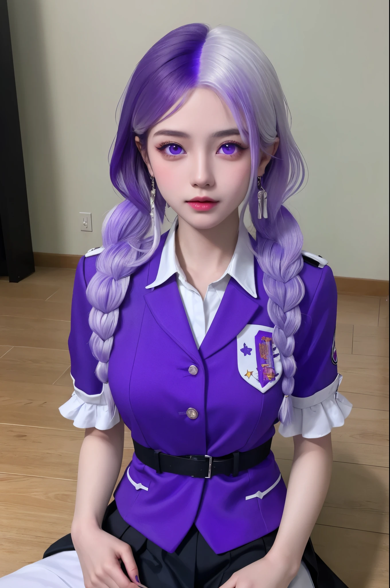 (masterpiece), (high quality), (8k resolution), (RAW photos), (best quality), (masterpiece:1.5), (Practical:1.5), ((photo Practical)), Vivid details, hyper Practical,1 Girl, (Lovely:1.2), beautiful, high quality、Delicate face, Perfect face, (purple hair and white hair:1.4), Red face,Two braids, delicate eyes, (Purple Eyes),Colored eyes,(Big watery eyes),National Foundation,, slim body, looking at the audience, Shut up, Real human skin, shiny skin, Mid-chest, ((Uniforms)), sit, floor,