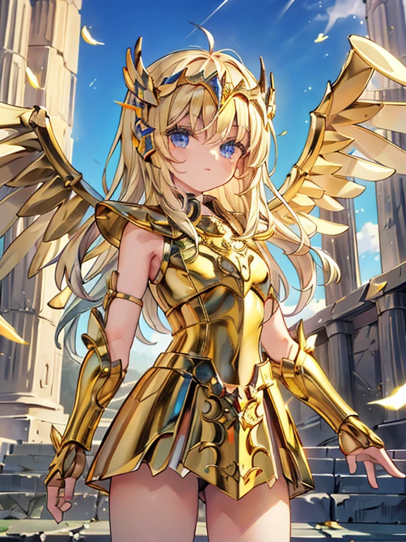 masterpiece, highest quality, Very detailed, 16k, Ultra-high resolution, Cowboy Shot, Detailed face, Perfect Fingers, One female, aged 14, Greece, In front of the Parthenon, SagittariusArmor, armor, golden armor, wings, helmet, long metal wings, long golden wings